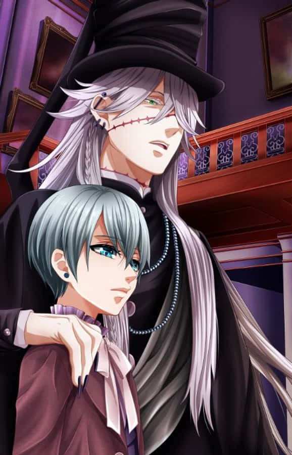 Black Butler Undertaker 桌布 壁紙 — 兩個銀髮的動漫角色，帶著戲劇性的表情，站在一個裝飾華麗的紫色房間裡。