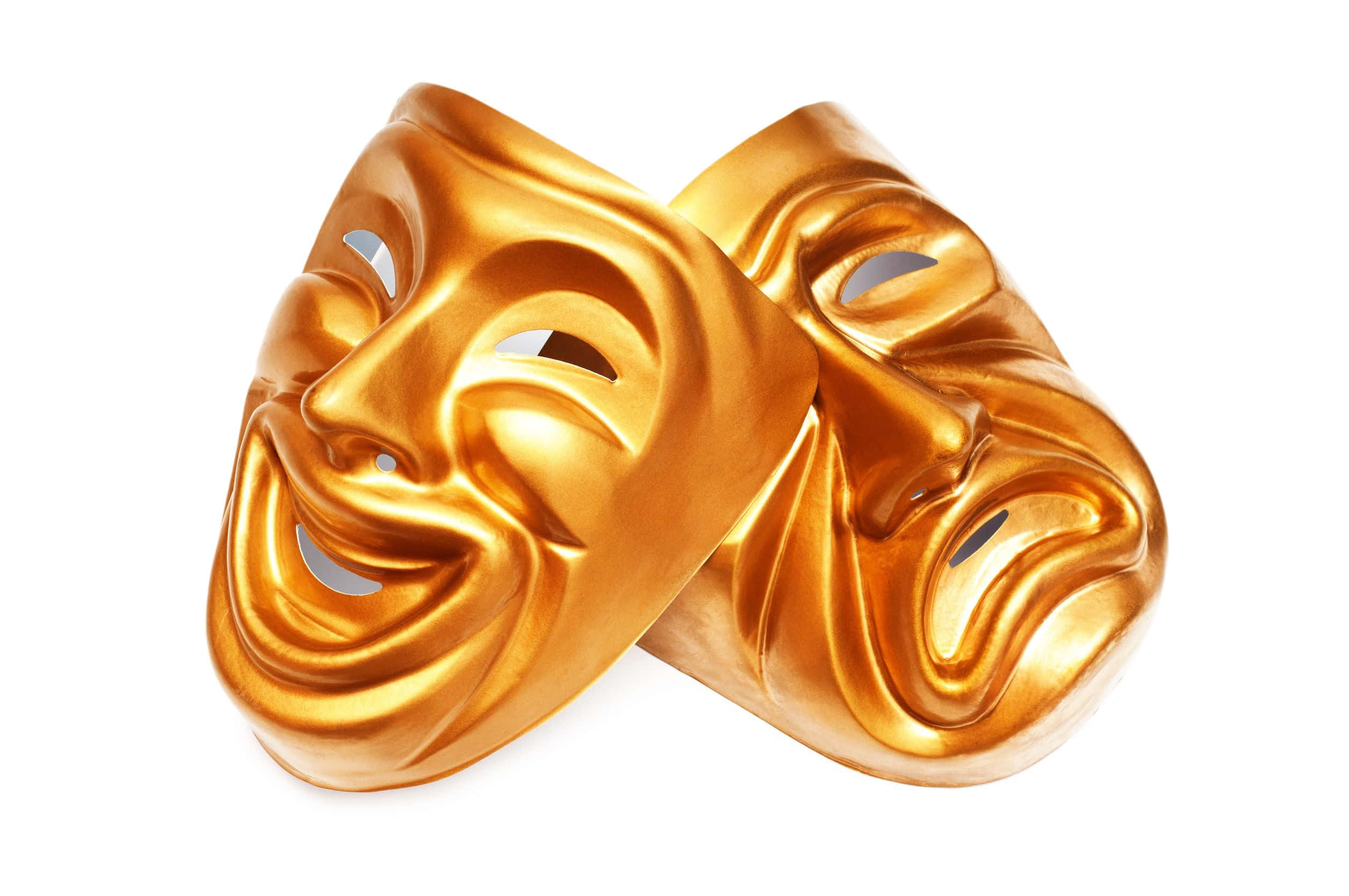 acting 桌布 壁紙 — 兩個閃閃發光的金色戲劇面具，一個微笑，一個皺眉，靠在純白色背景上。
