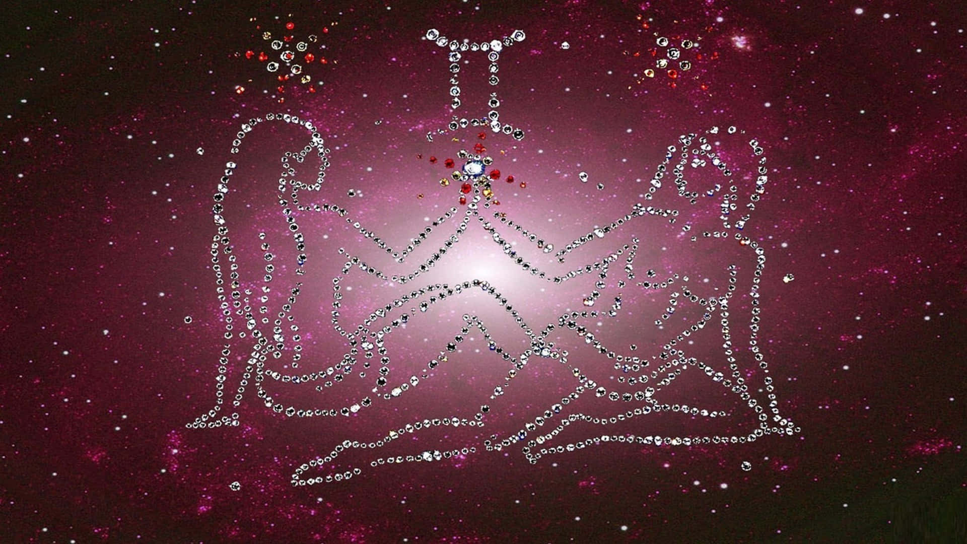 雙子座 桌布 壁紙 — 兩個閃閃發光的鑽石形狀在星空洋紅色銀河背景下進行宇宙般的擁抱。