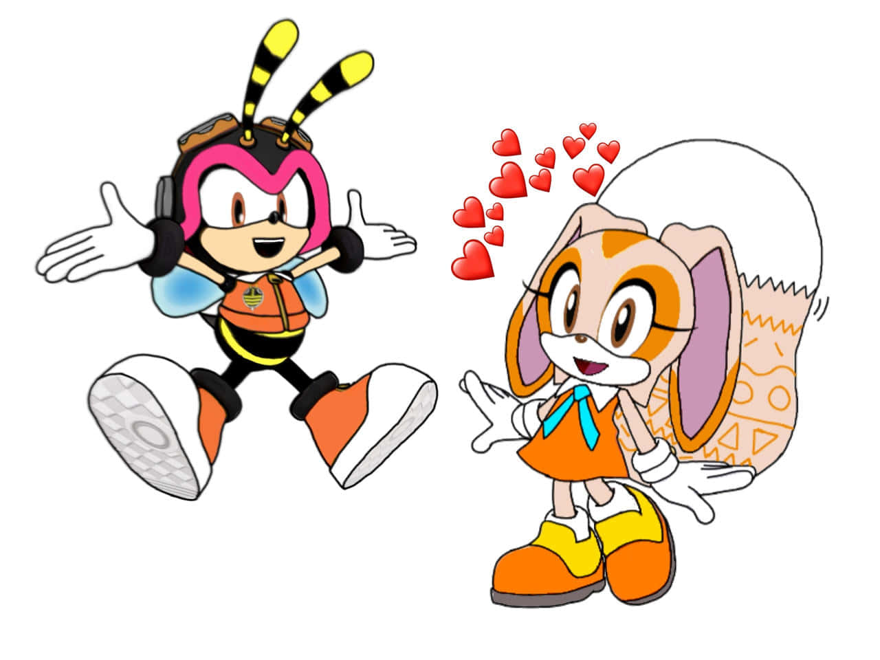 Charmy Bee 桌布 壁紙 — 兩個開心的動漫角色，一個像蜜蜂的人物和一個兔女郎，有心形圍繞他們漂浮，兩人都微笑並開心地做手勢。