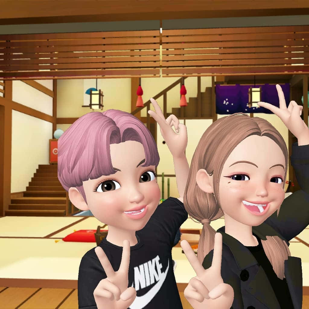 Zepeto 桌布 壁紙 — 兩個開心的動漫風格頭像在傳統日式房間（有木樑和榻榻米）中擺出和平手勢。