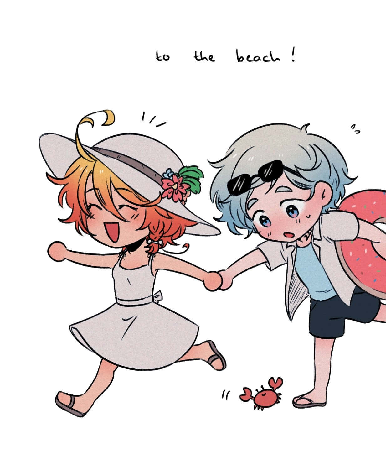 The Promised Neverland Norman 桌布 壁紙 — 兩個開心的動畫小孩手牽手跑向沙灘，一個戴著花帽，另一個戴著太陽眼鏡和游泳圈。