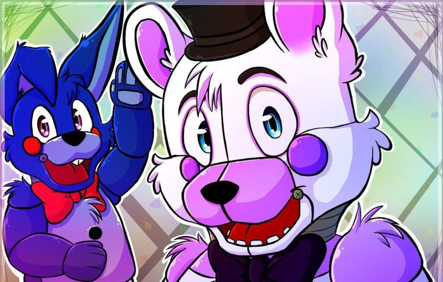 Funtime Freddy 桌布 壁紙 — 兩個開心的動畫電子動畫角色，一個藍色一個紫色，在色彩繽紛的幾何背景前咧嘴大笑。