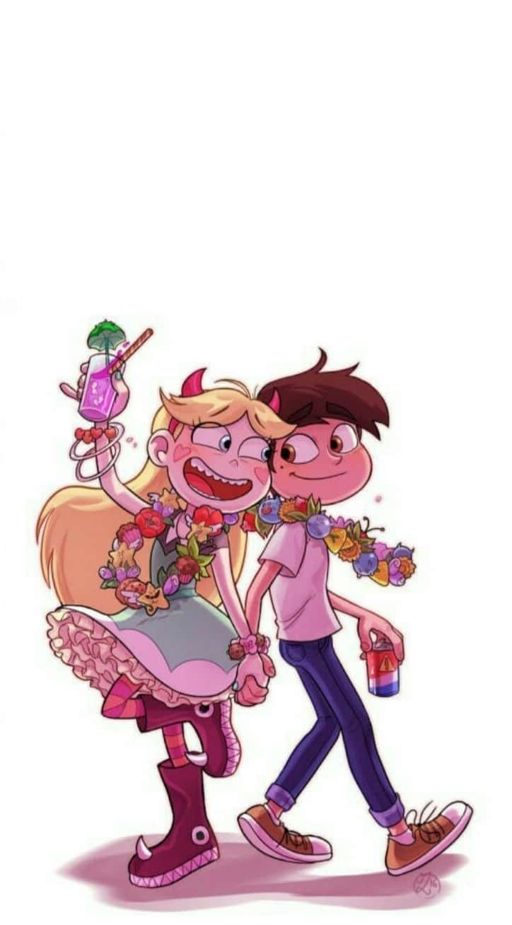 星蝶公主 桌布 壁紙 — 兩個開心的卡通人物手拖手，戴著花環和拿著色彩繽紛的飲品，背景是純白色。