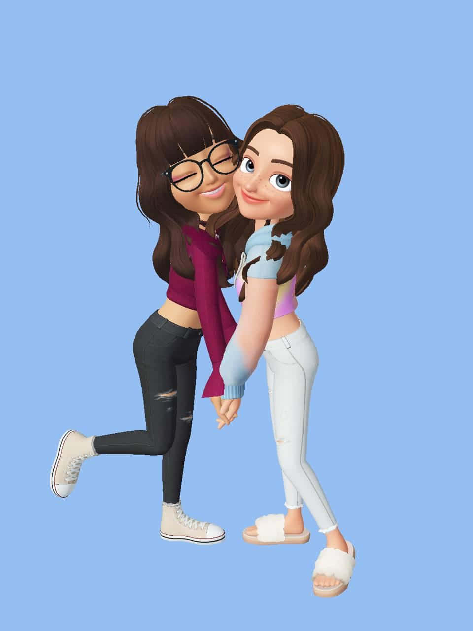 Zepeto 桌布 壁紙 — 兩個開心的卡通女孩在純藍色背景前擁抱並牽手。