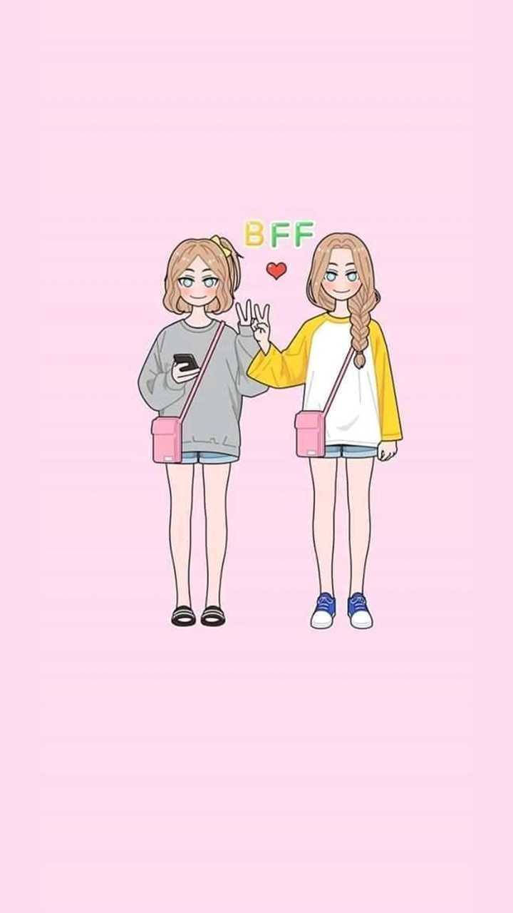 可愛 桌布 壁紙 — 兩個開心的卡通女孩揹著粉紅色袋並排企喺柔和粉紅色背景前，上面有「BFF」同一個心形。