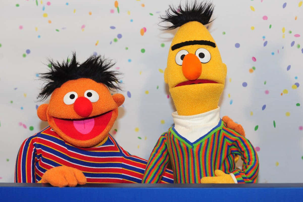 Sesame Street 桌布 壁紙 — 兩個開心的芝麻街公仔Ernie和Bert，喺白色背景上灑滿五彩紙屑，燦爛咁笑。