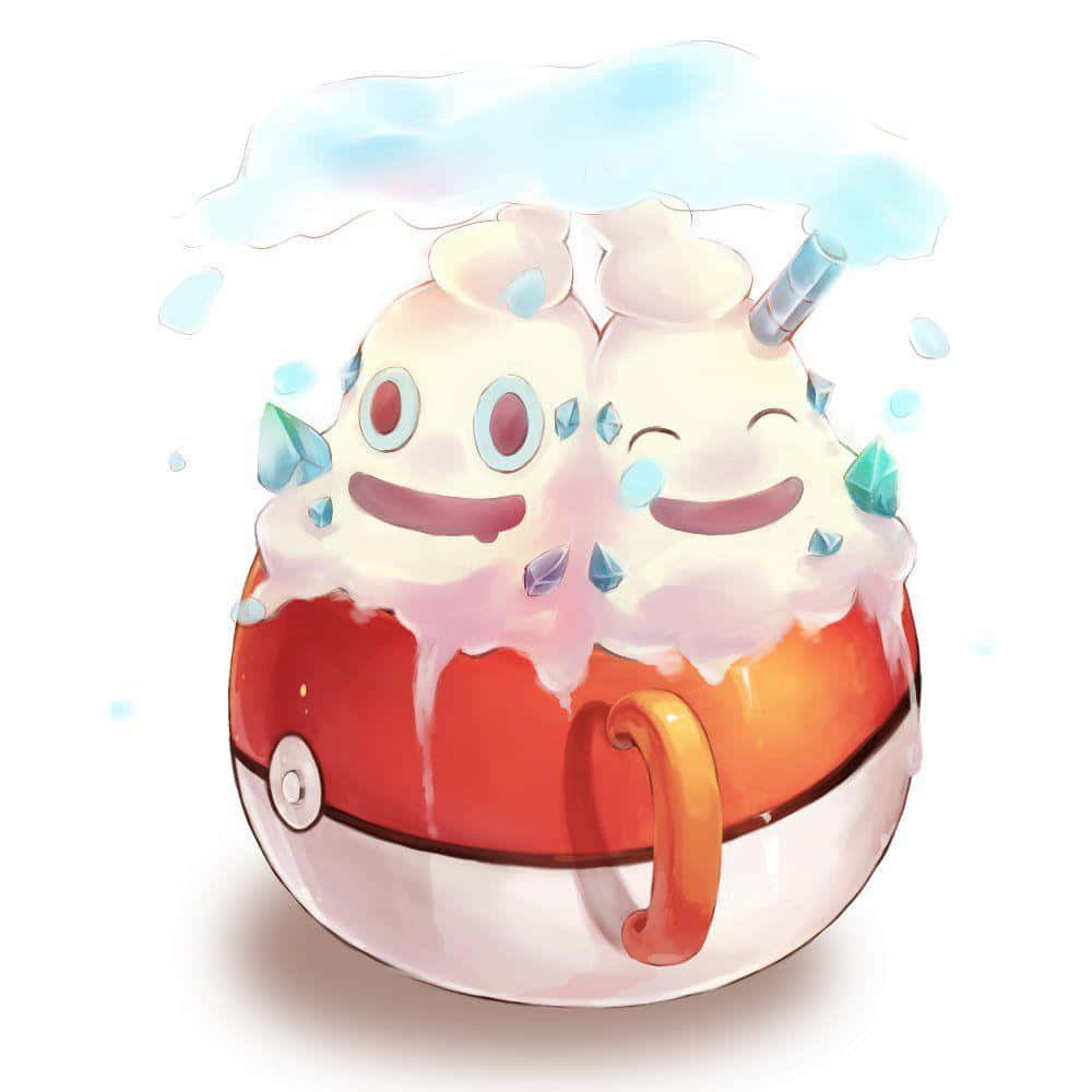 遊戲 桌布 壁紙 — 兩個開心的雪糕球，有笑臉和藍色寶石，坐在一個紅白相間的杯子上，上面有一朵蓬鬆的雲。