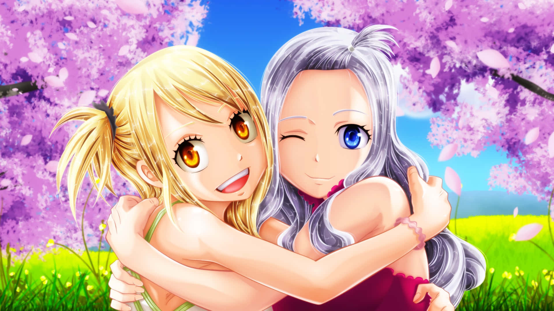 Mirajane Strauss 桌布 壁紙 — 兩個開朗的動漫女孩在盛開的紫色櫻花下擁抱，背景是明亮的藍天。