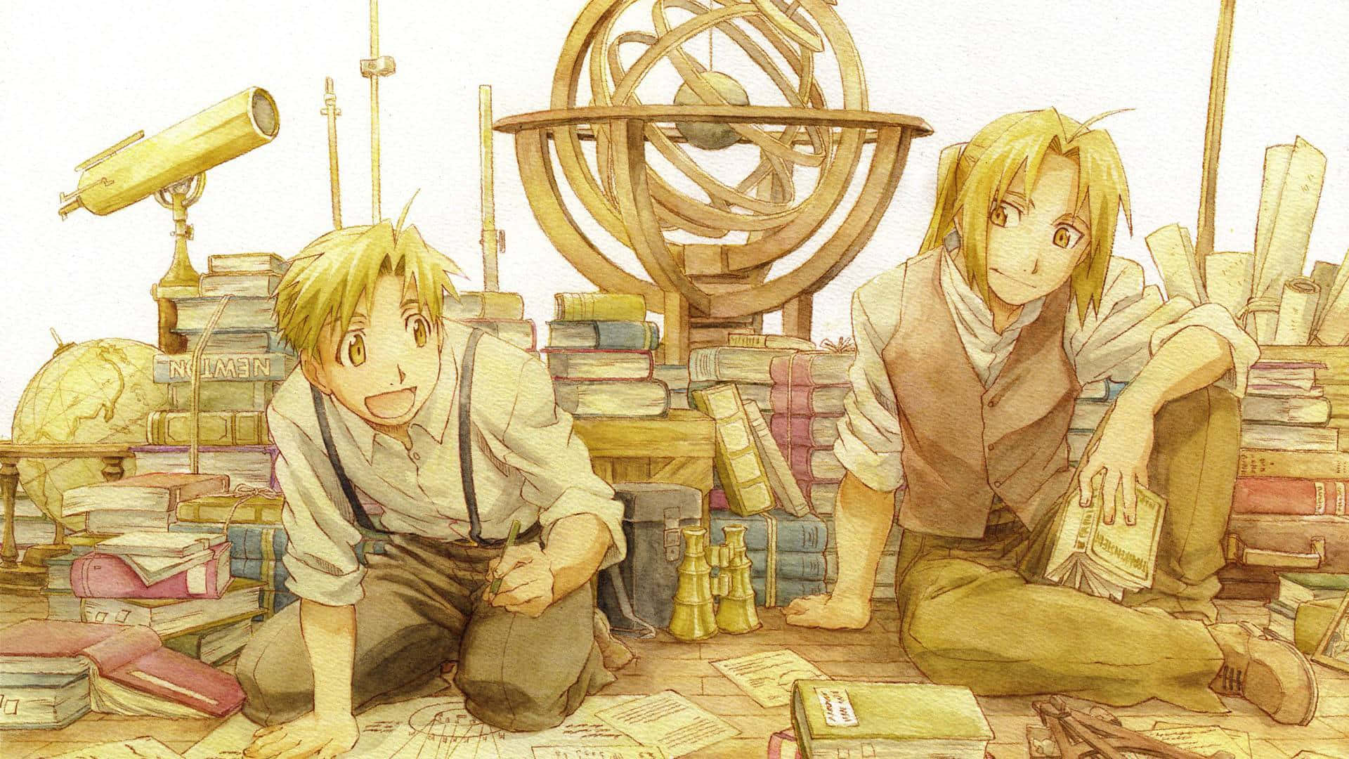 Alphonse Elric 桌布 壁紙 — 兩個開朗的動畫男孩坐在溫暖照明的書房裡，周圍堆滿了書籍和科學儀器。