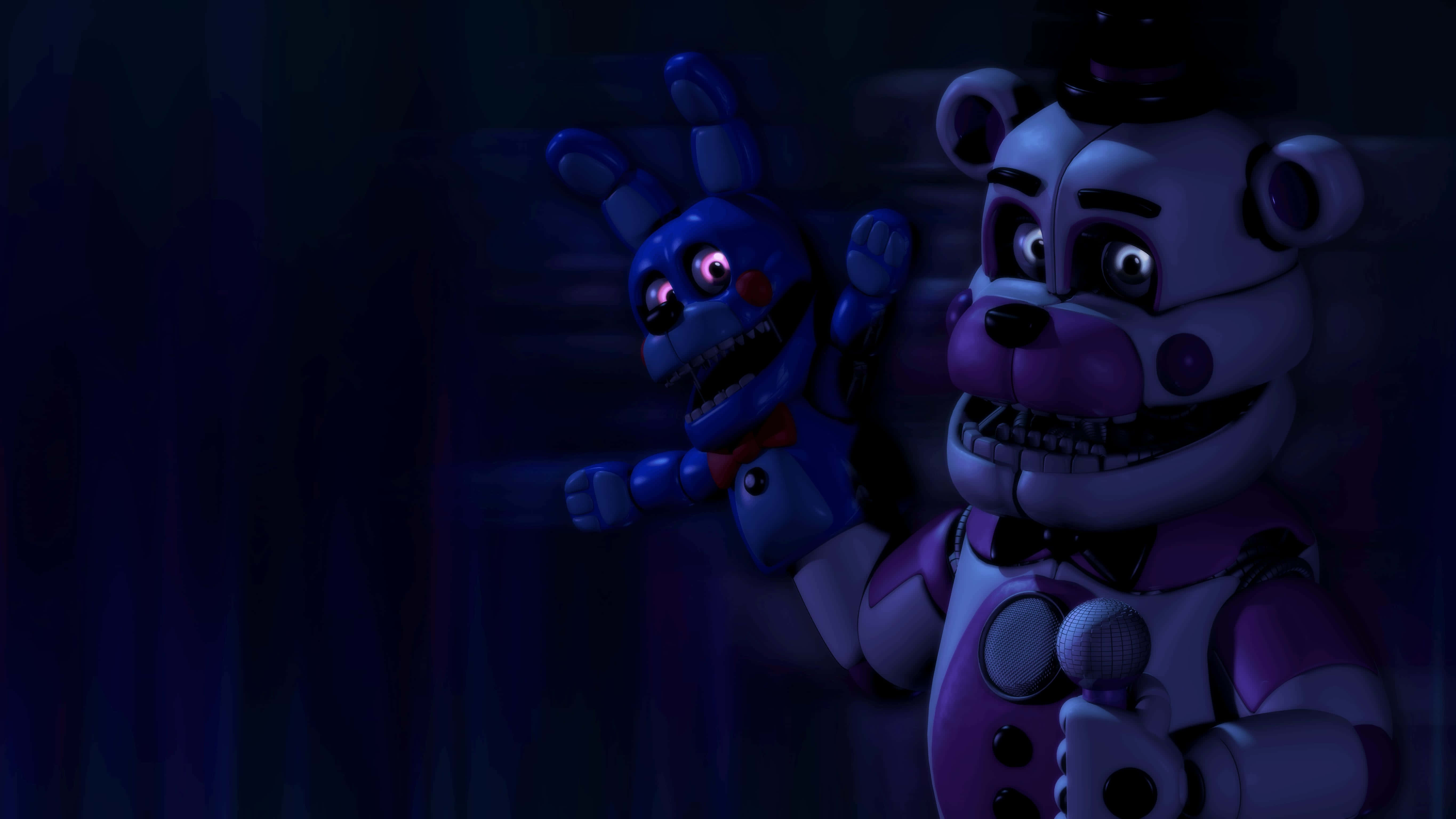 Funtime Freddy 桌布 壁紙 — 兩個電子動畫角色在深藍色陰暗的房間中發出詭異的紫色光芒。