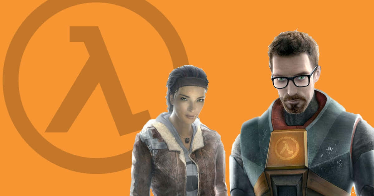 Half-life Characters 桌布 壁紙 — 兩個電子遊戲角色站在一個大的橙色 Lambda 符號前，背景為純橙色。