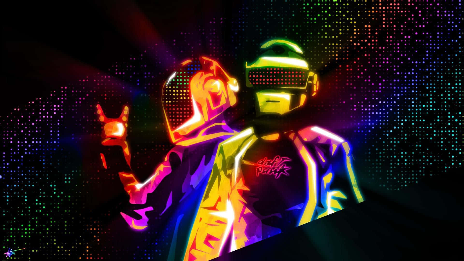 punk 桌布 壁紙 — 兩個霓虹燈照亮的 Daft Punk 機器人在像素化星場中發光，伴隨著燦爛的色彩爆發。