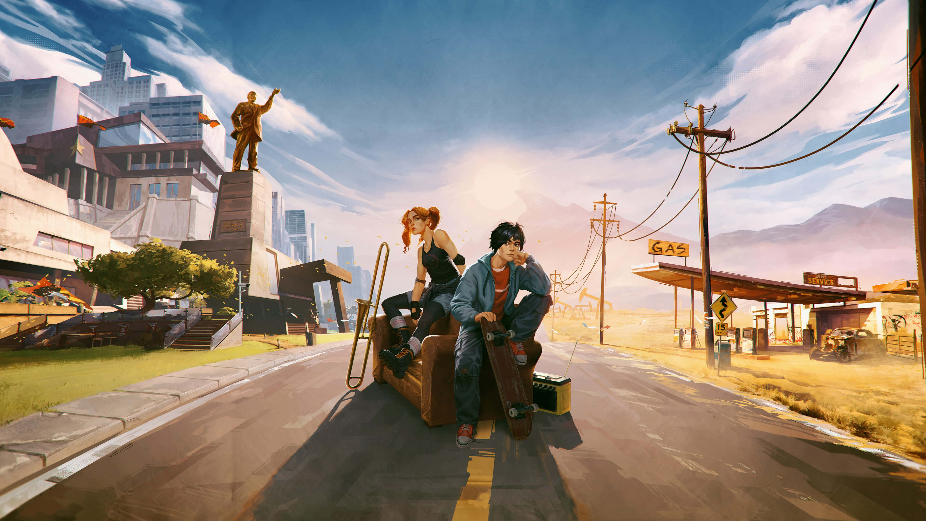 Game Trailers 桌布 壁紙 — 兩個青少年坐在一個行李箱上，帶著滑板，在路邊加油站，天空明亮，遠處有雕像和城市景觀。