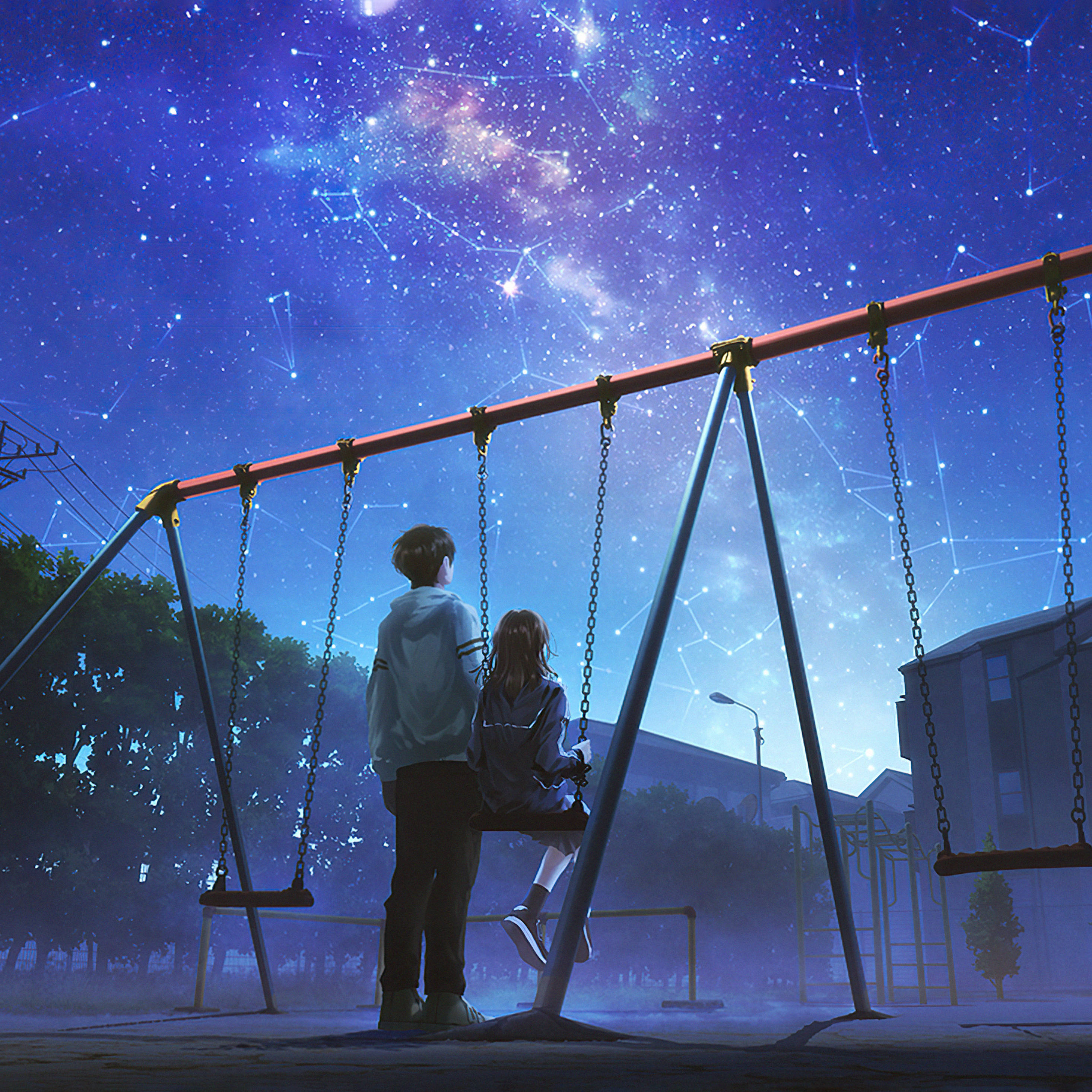 Anime iPad 桌布 壁紙 — 兩個青少年坐在鞦韆上，下方是星空夜空，上方有發光的星座和充滿活力的星系。