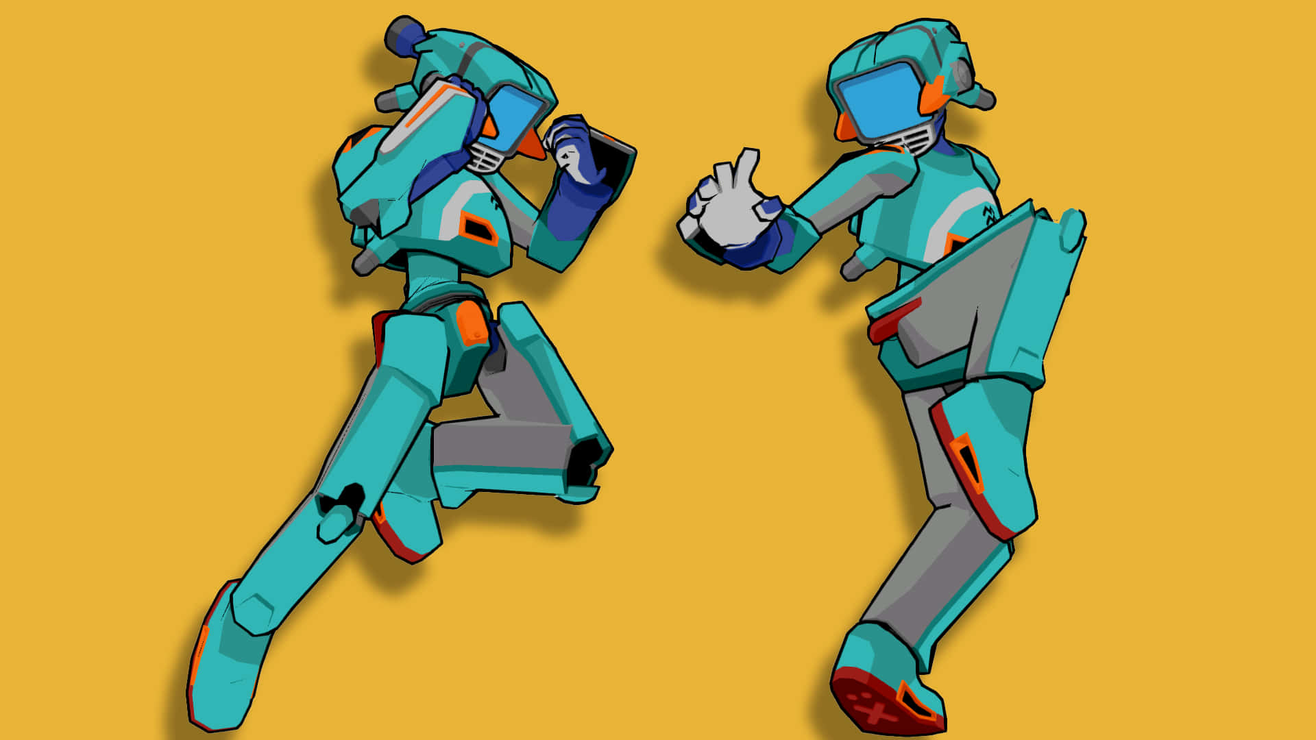 Flcl Canti 桌布 壁紙 — 兩個青綠色和橙色的機械人，以動態姿勢呈現在純芥末黃色背景上。