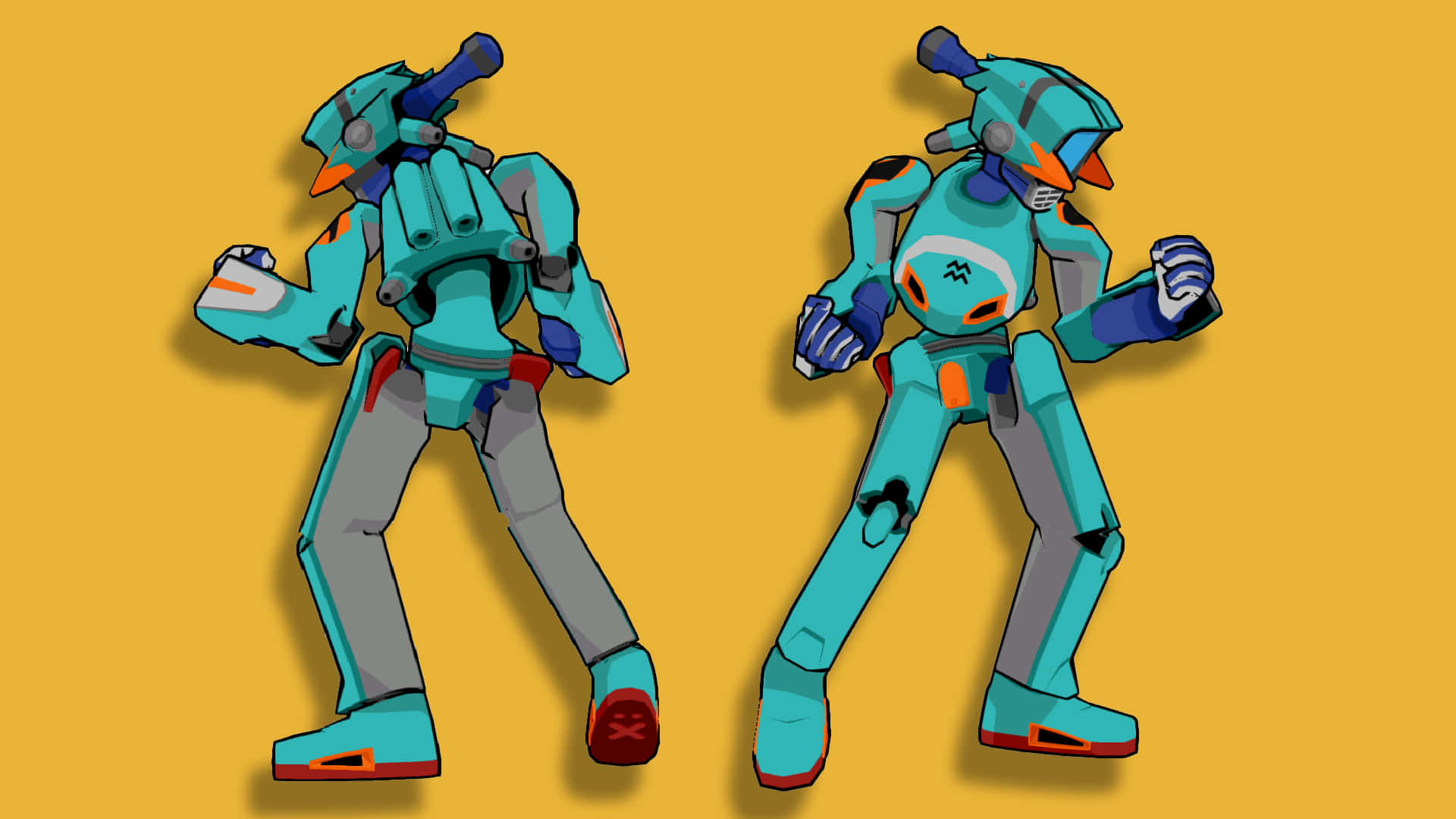 Flcl Canti 桌布 壁紙 — 兩個青色和橙色的裝甲機械人以動態姿勢站在純芥末黃色背景前。