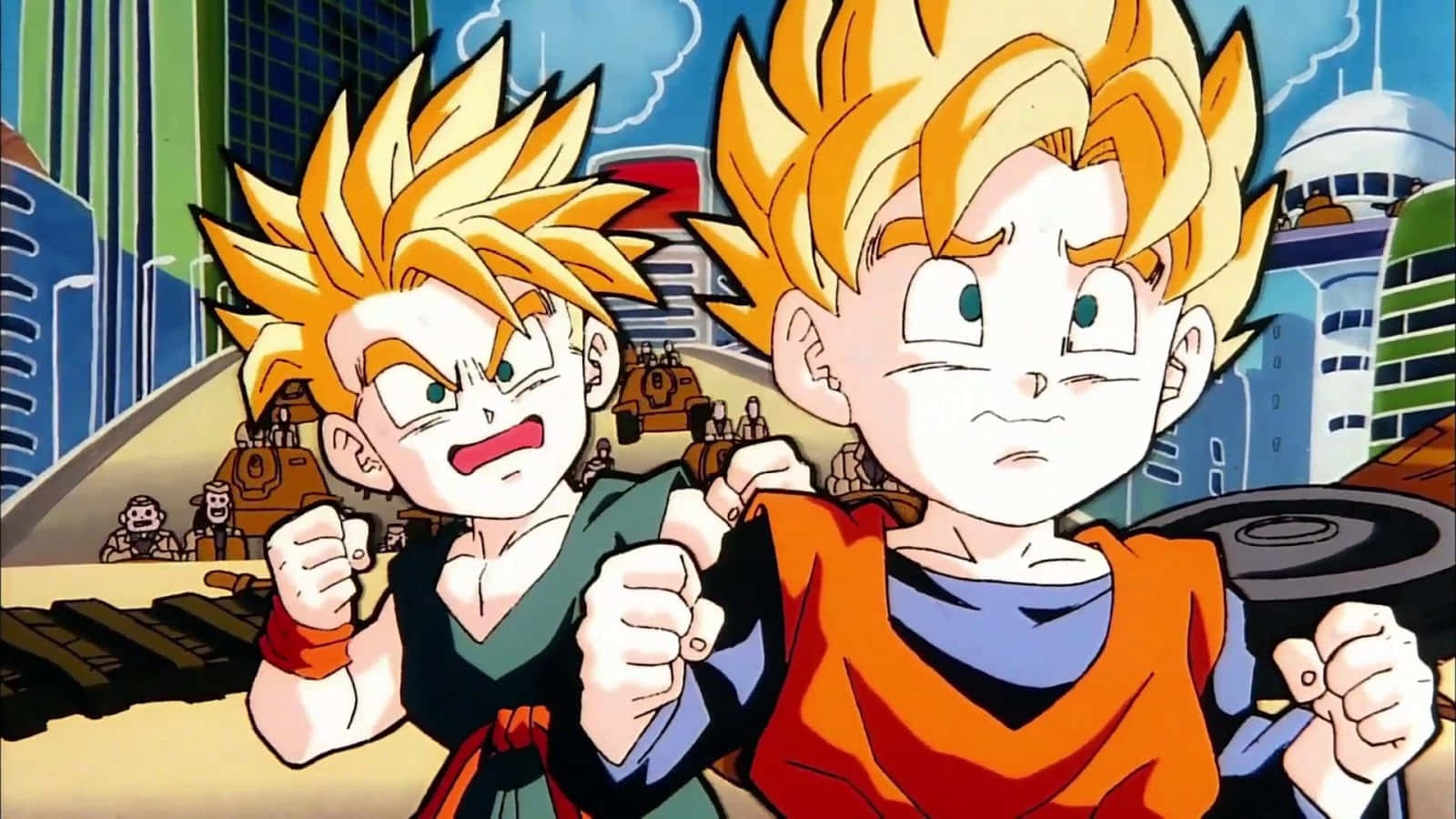 Dragon Ball Movies 桌布 壁紙 — 兩個頭髮尖刺的動漫男孩，在未來城市背景下握緊拳頭擺出戰鬥姿勢。