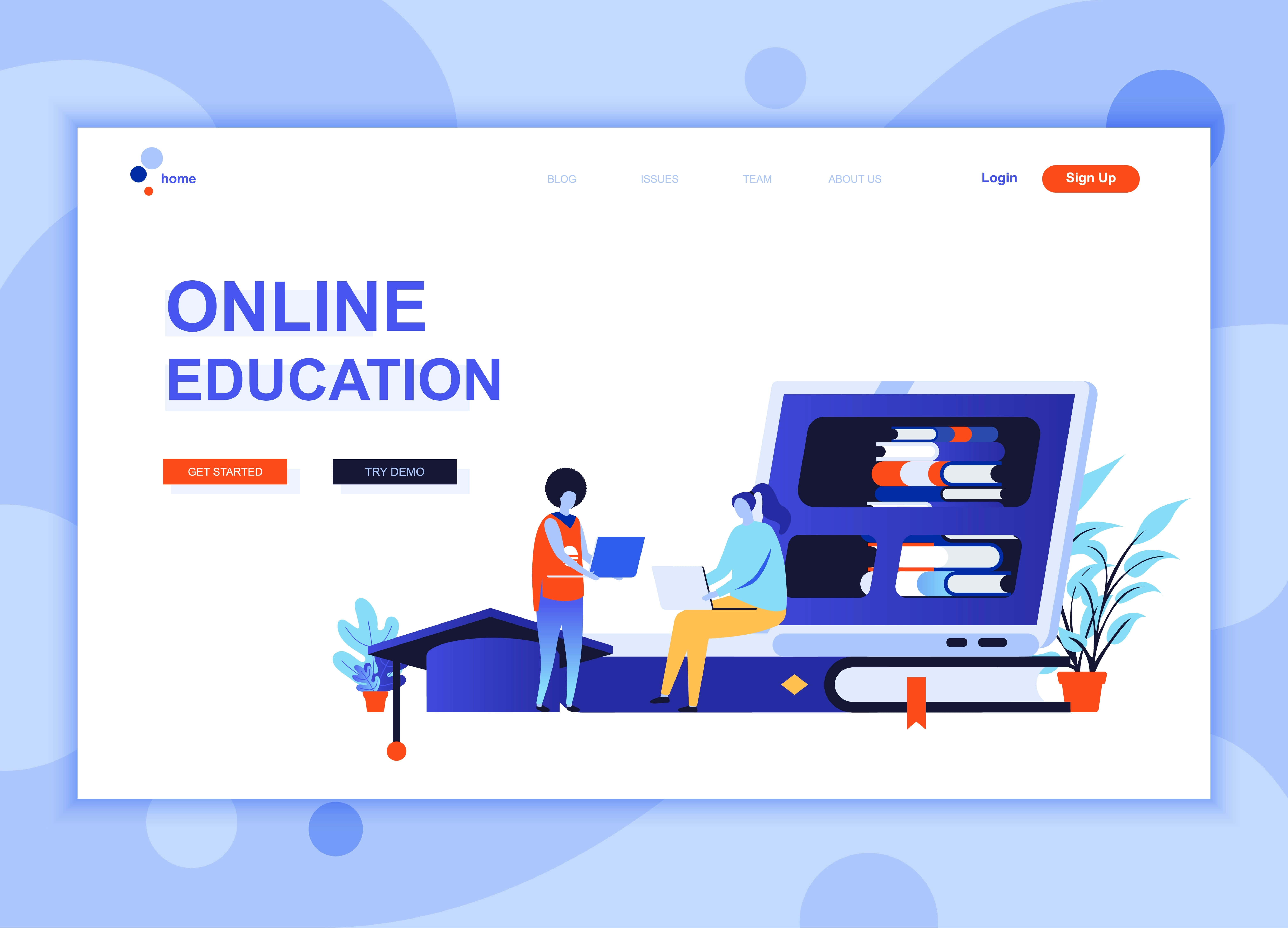Website 桌布 壁紙 — 兩個風格化的人物在一個巨大的打開的筆記本電腦旁邊與筆記本電腦互動，該筆記本電腦顯示堆疊的書籍，背景為柔和的藍色抽象背景。