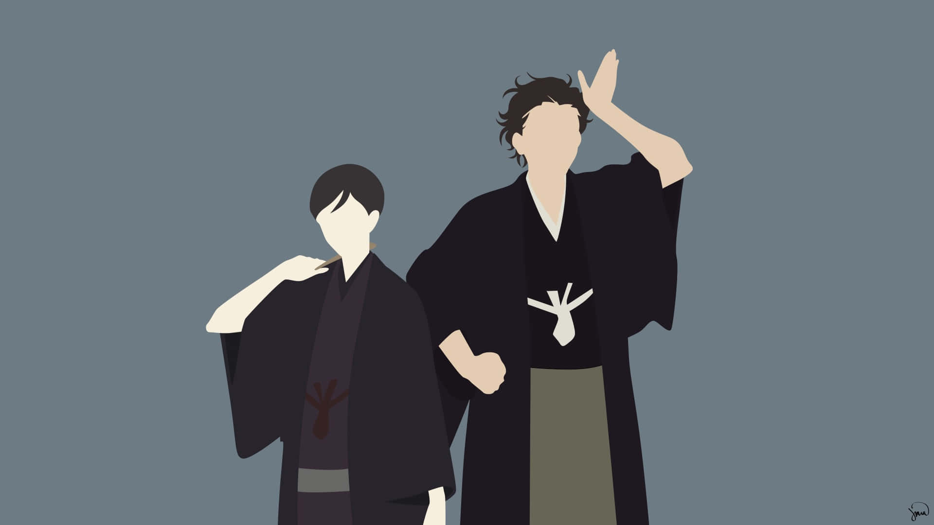 shouwa genroku rakugo shinjuu 桌布 壁紙 — 兩個風格化的人物穿著傳統日本長袍，在柔和的灰色背景上做手勢。