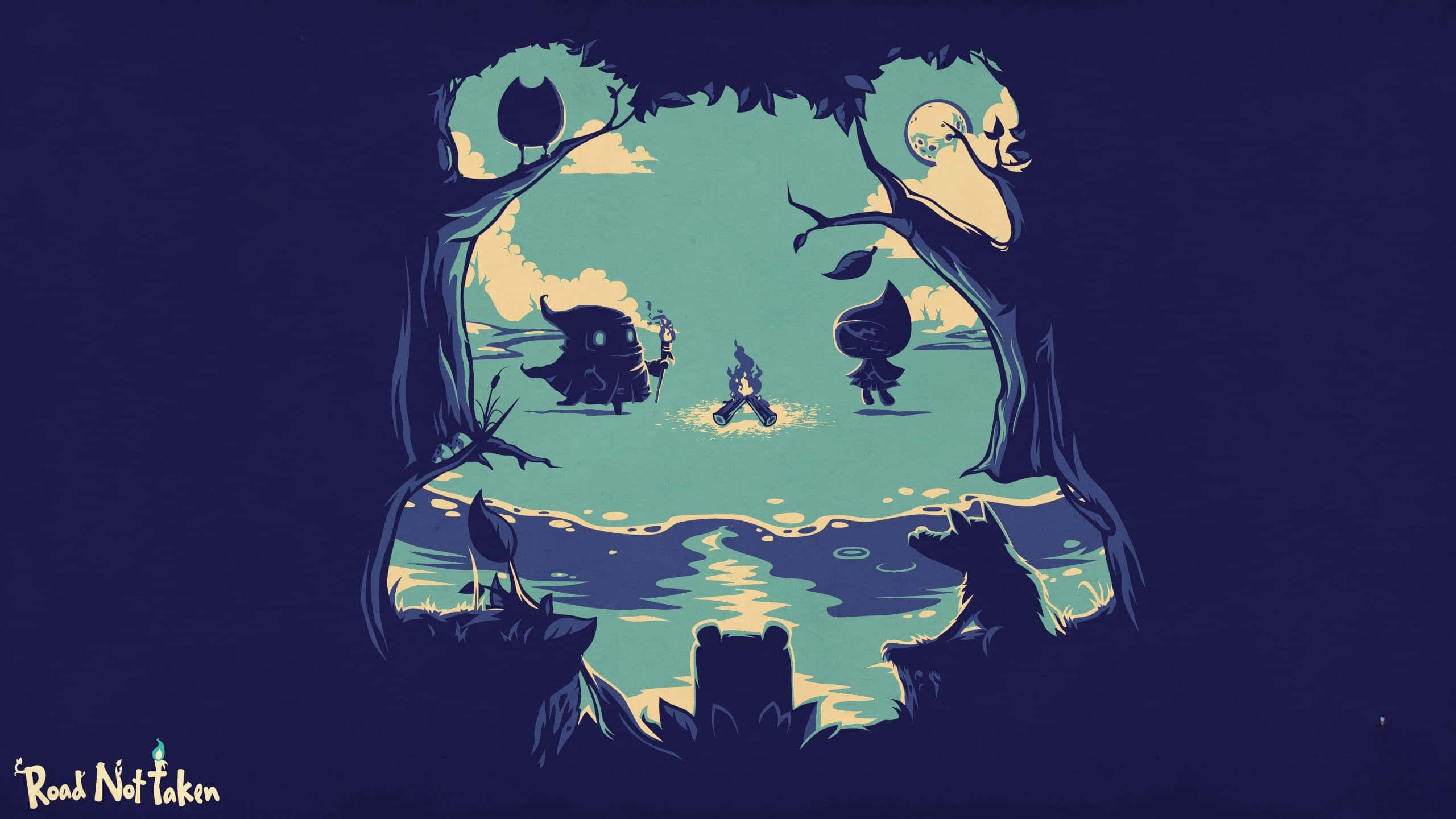 Indie Games 桌布 壁紙 — 兩個風格化的人物站在營火旁，營火被彎曲的樹木環繞，背景是帶有新月黃昏的天空。