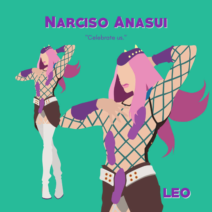Narciso Anasui 桌布 壁紙 — 兩個風格化的動漫人物，擁有粉紅色頭髮和紫色點綴，在青綠色背景前動態擺姿勢。