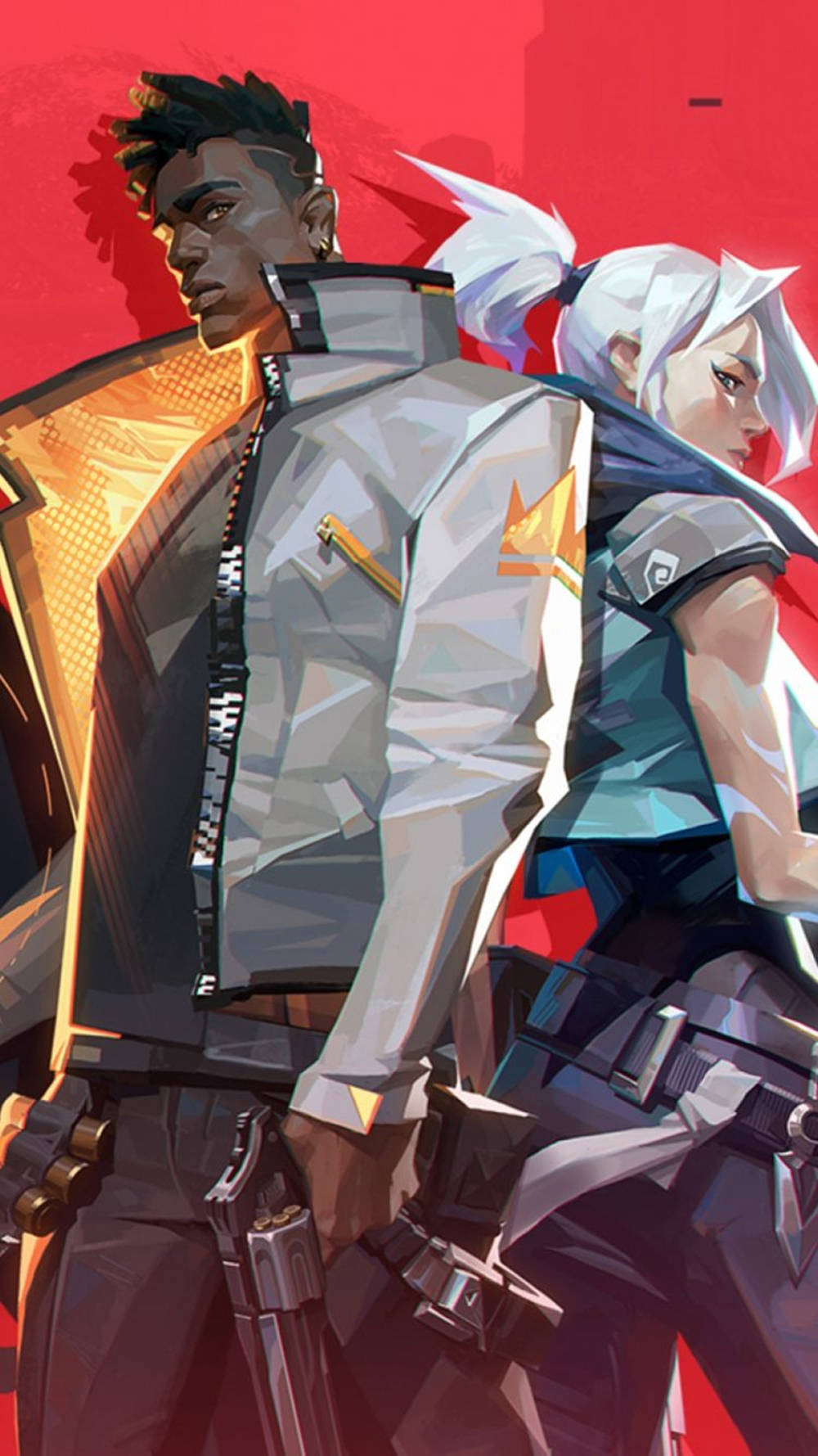 Hero 桌布 壁紙 — 兩個風格化的動漫角色穿著戰術裝備，背靠背站在大膽的紅色背景上，帶有發光的橙色點綴。