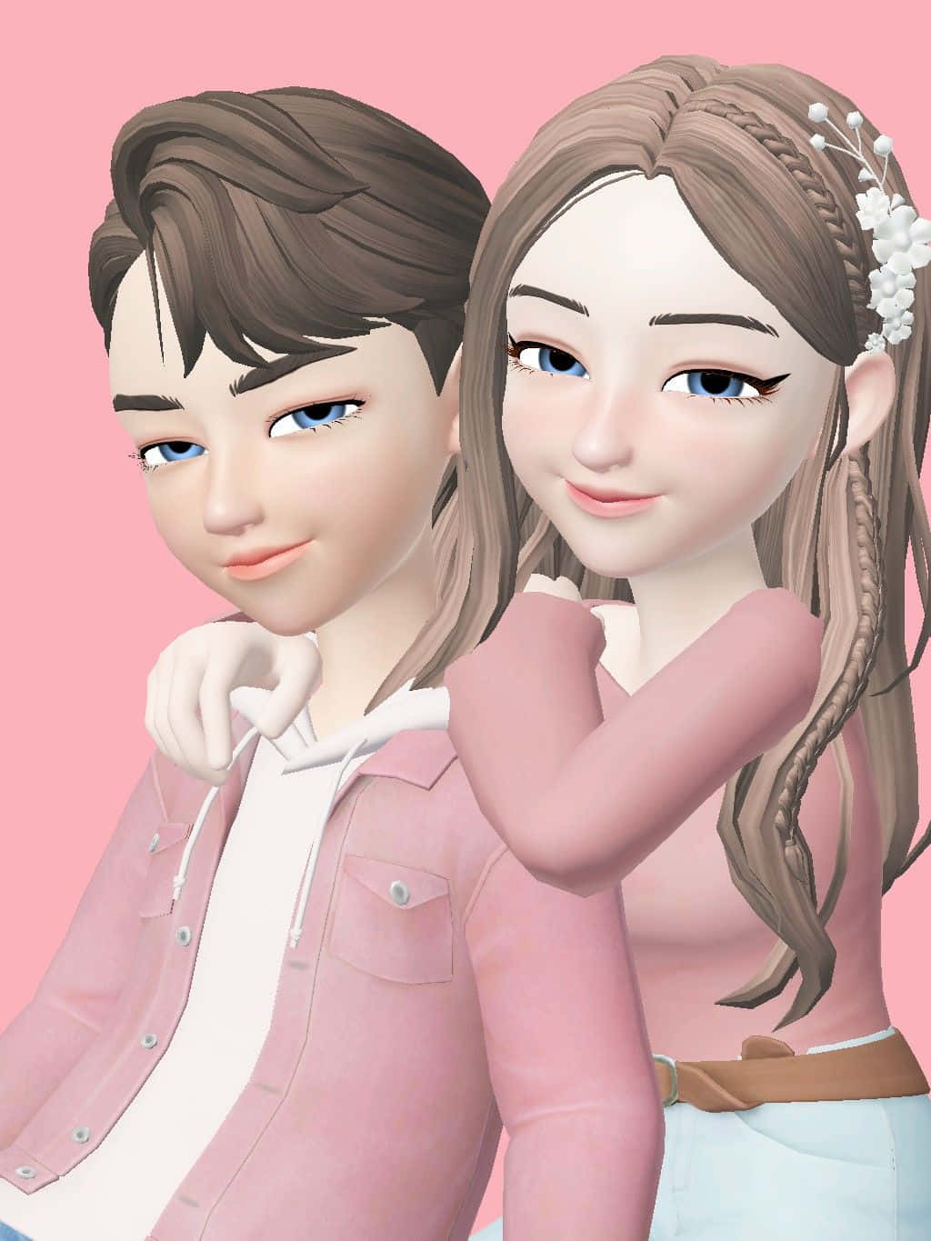 Animojis 桌布 壁紙 — 兩個風格化的動漫角色穿著粉紅色服裝，在柔和的粉紅色背景前緊密擺姿勢，帶有花卉髮飾。