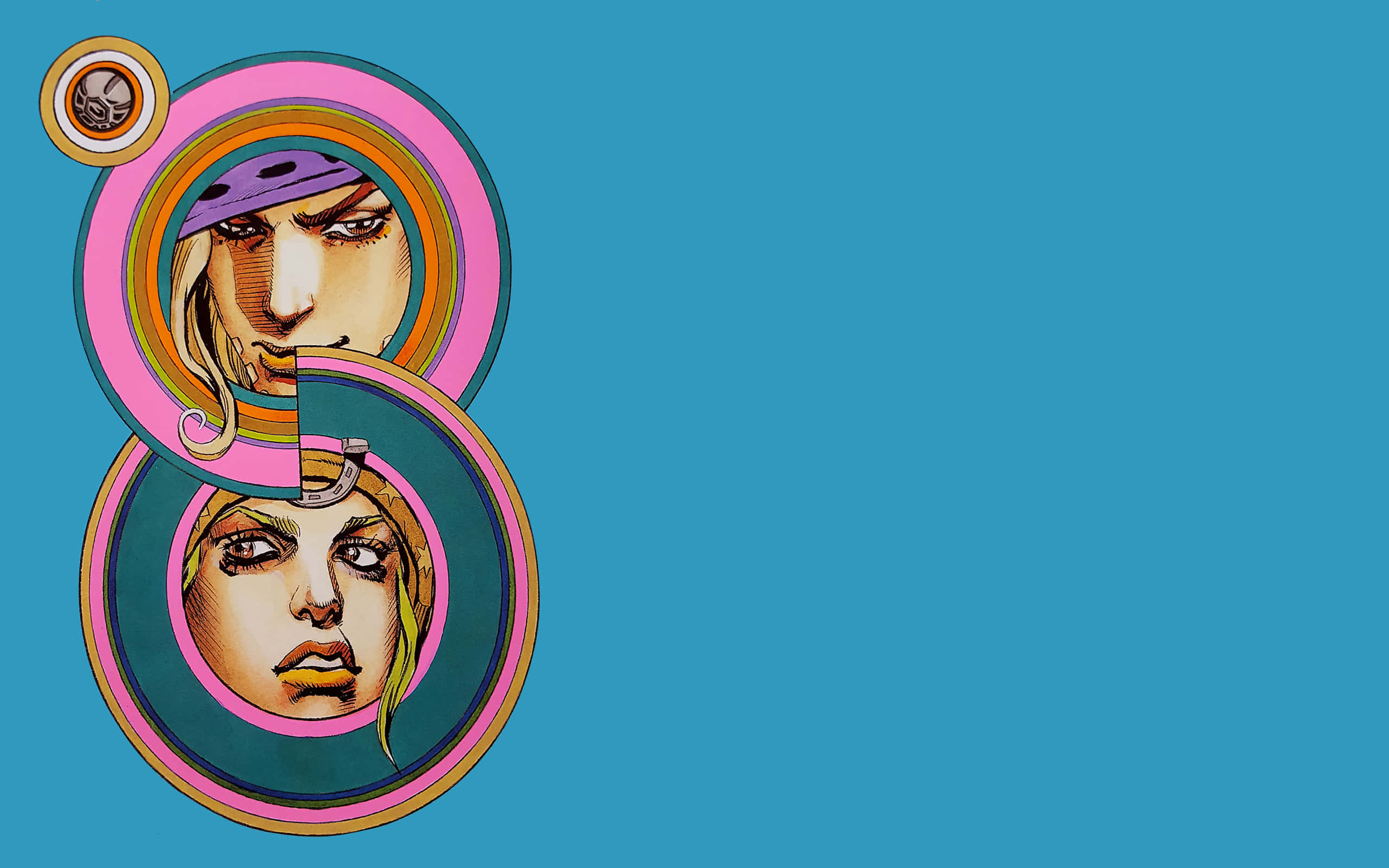 Jojo Steel Ball Run 桌布 壁紙 — 兩個風格化的動漫面孔在色彩繽紛的同心圓中，背景為純青色。