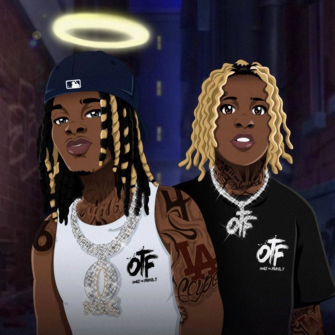 King Von And Lil Durk 桌布 壁紙 — 兩個風格化的動畫人物，身上有紋身，穿著「OFF」品牌服裝，站在昏暗的城市小巷中，頭頂有發光的光環。