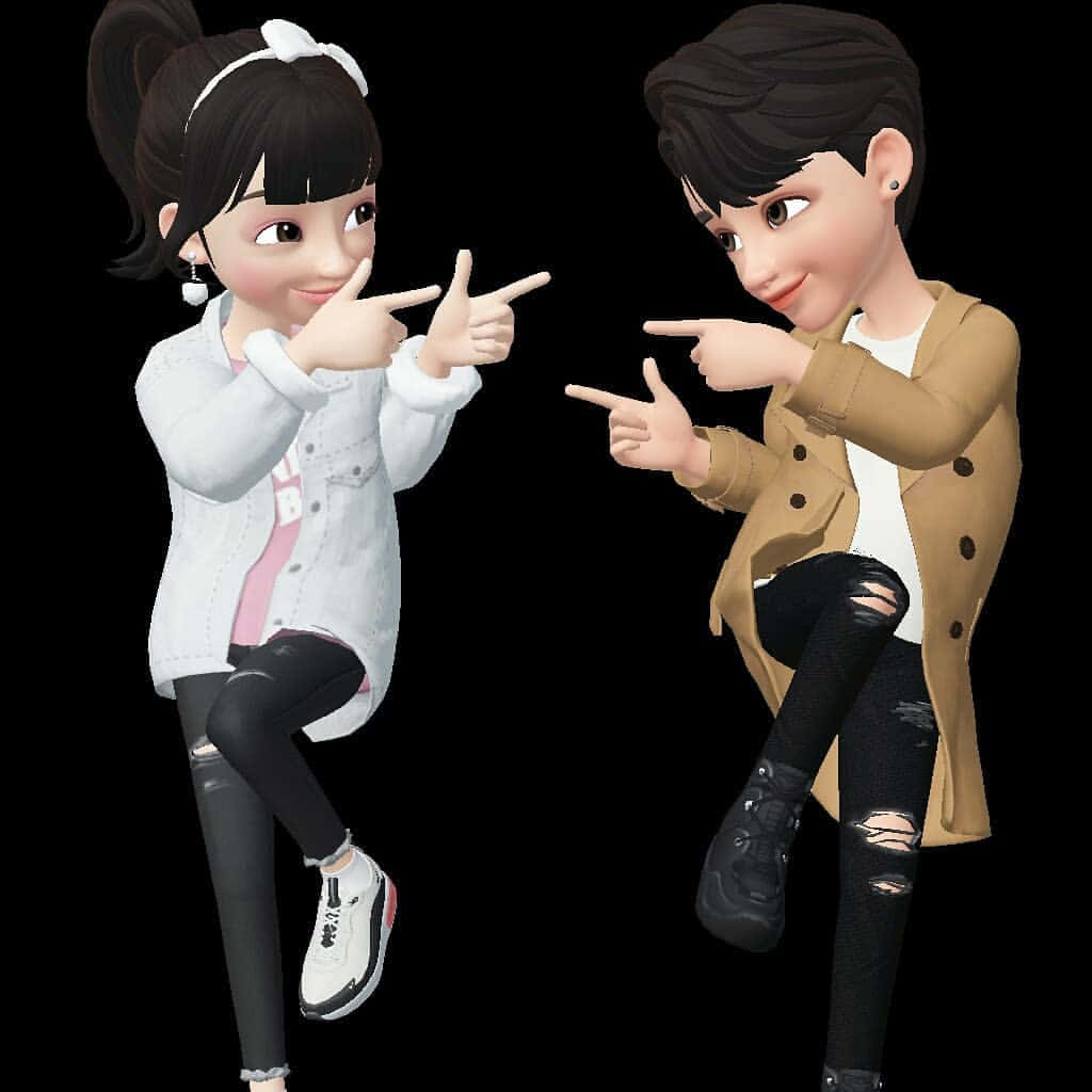 Zepeto 桌布 壁紙 — 兩個風格化的動畫青少年穿著時尚服裝，在黑色背景前帶著俏皮的笑容互相指著對方。