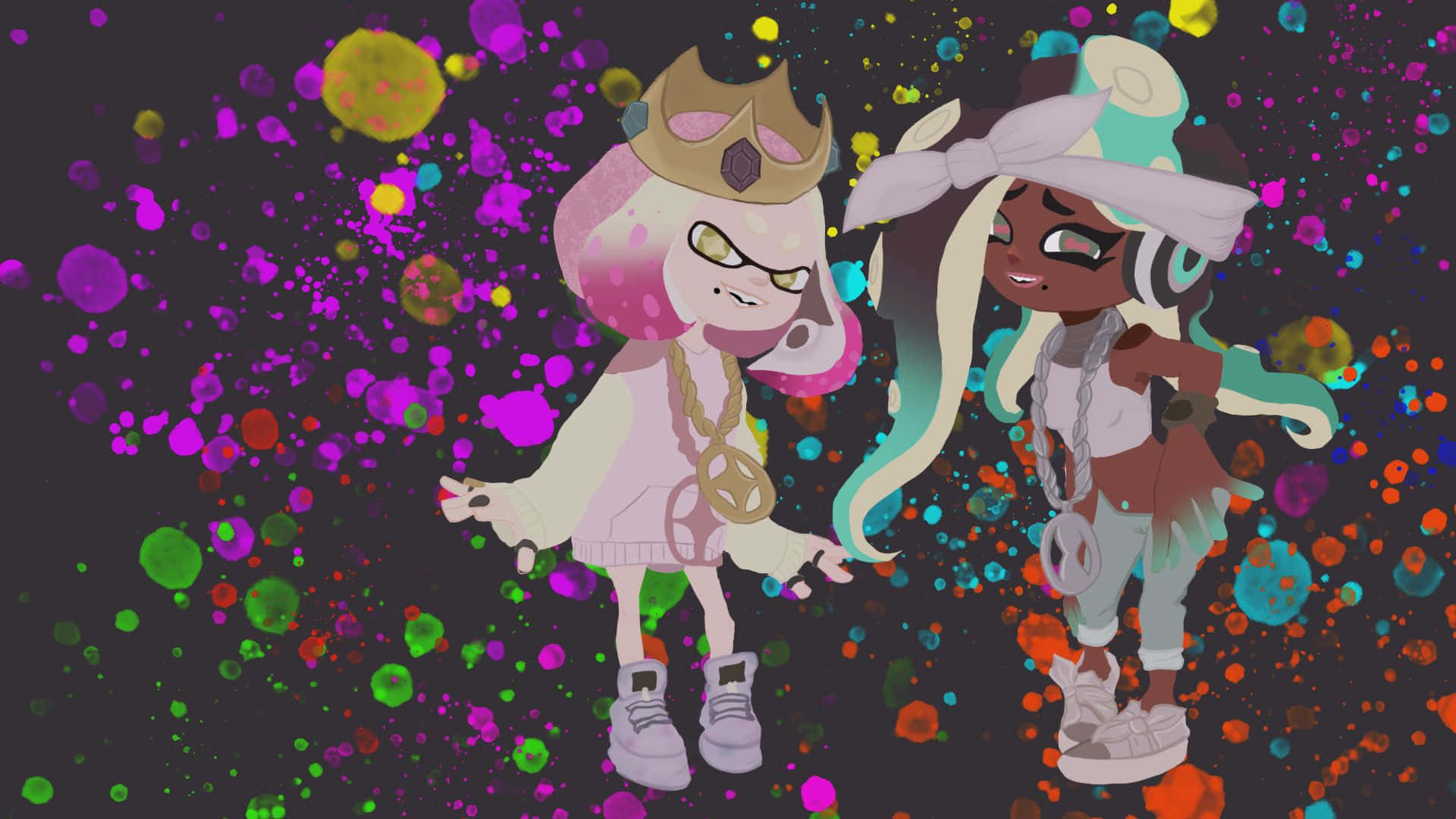 splatoon 桌布 壁紙 — 兩個風格化的卡通角色帶有彩色油漆飛濺，漂浮在深色背景上。