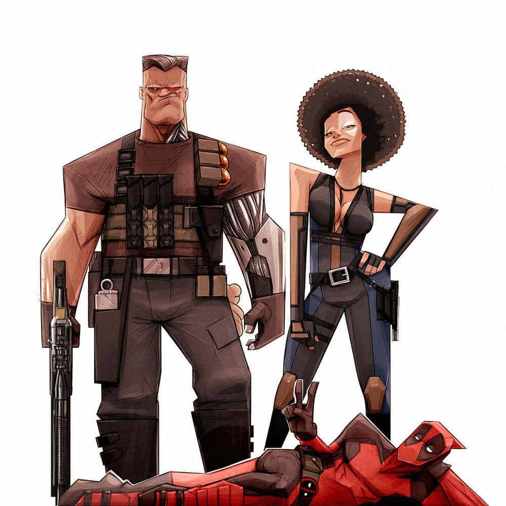 Deadpool And Domino 桌布 壁紙 — 兩個風格化的漫畫角色站在一個穿著紅色西裝的倒下人物上方，形成一幅大膽的圖形插圖。