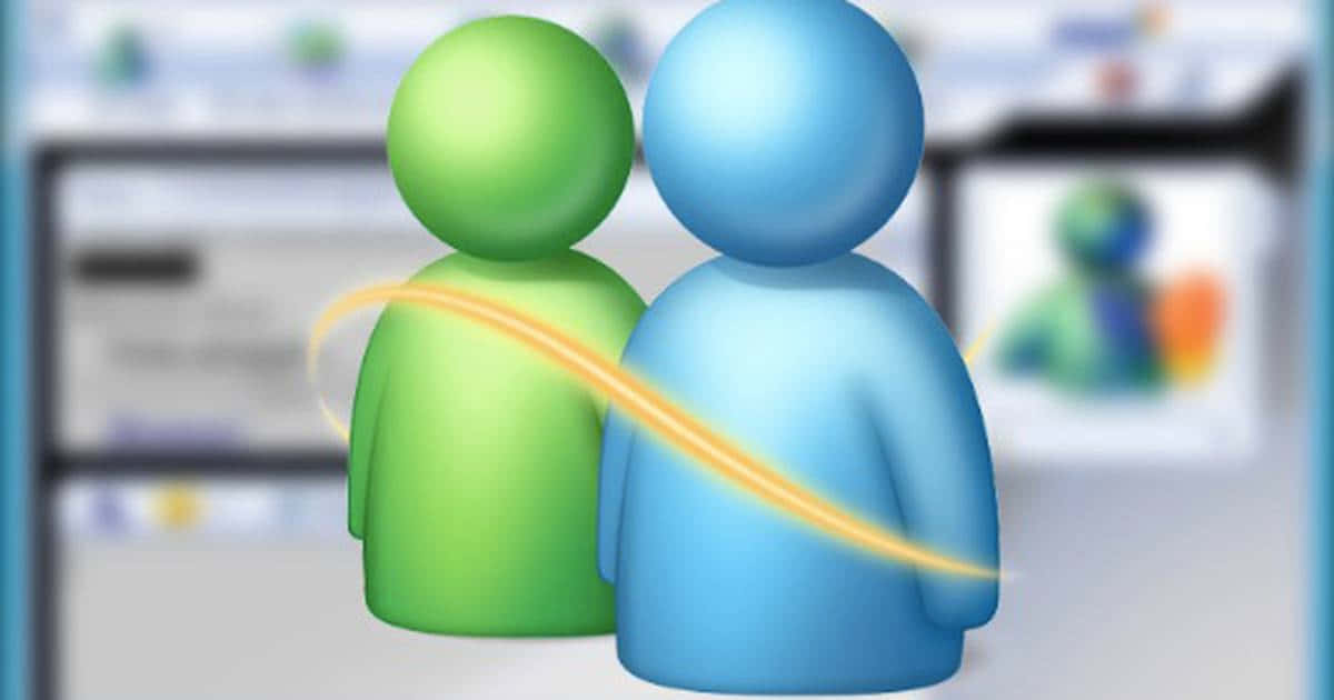 MSN Windows Live Messenger 壁紙 — 兩個風格化的綠色和藍色人形並排站立，它們之間有一道發光的黃色弧線，背景是模糊的電腦屏幕。