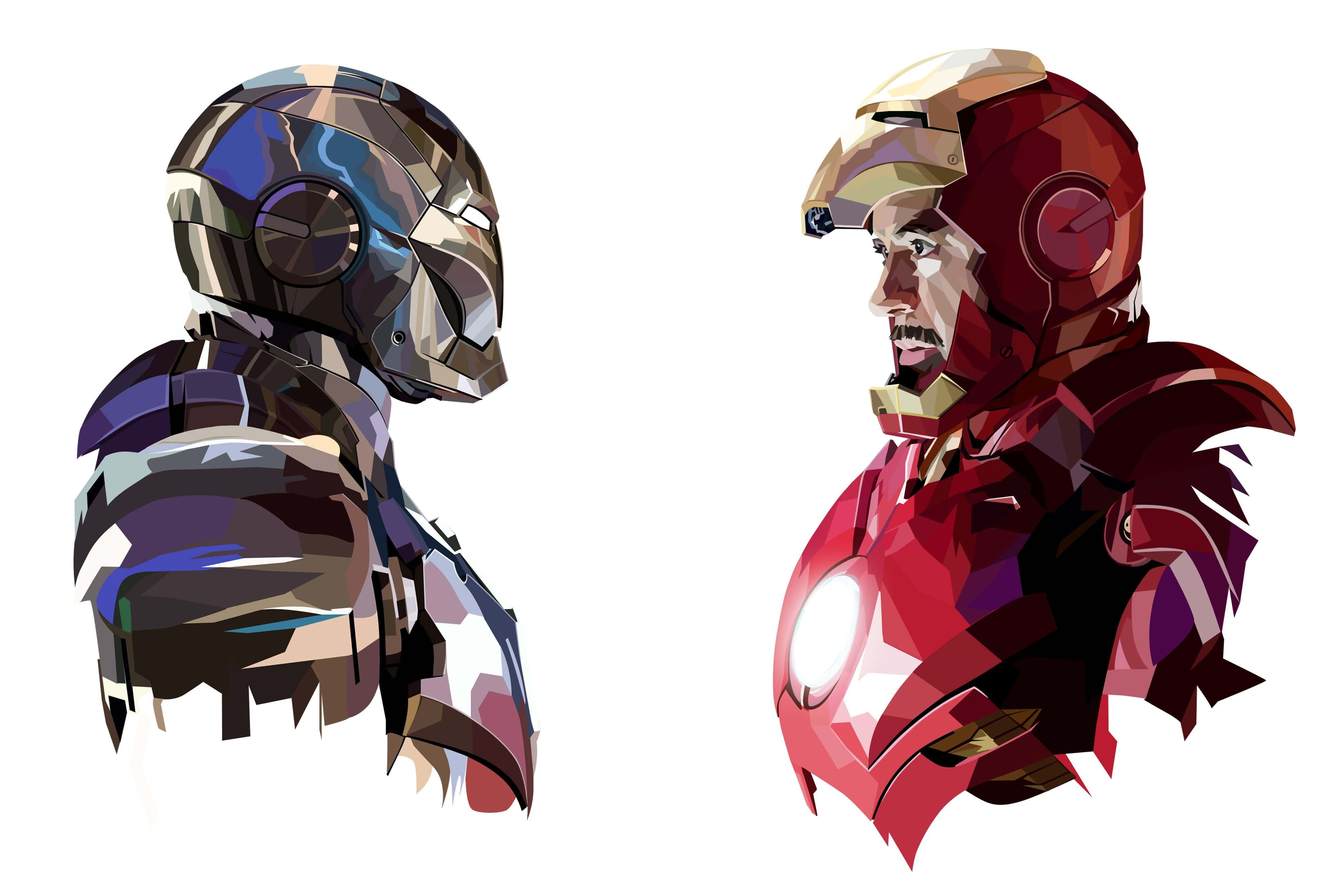 Iron Man Fan Art 桌布 壁紙 — 兩個風格化的超級英雄半身像在純白背景下以大膽的幾何藝術面對面。
