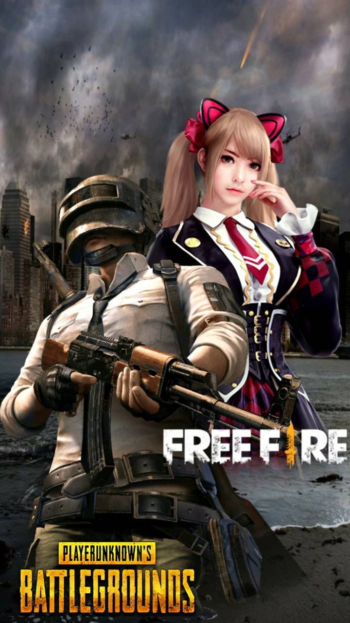 PUBG 桌布 壁紙 — 兩個風格化的遊戲玩家，一個穿著軍裝拿著步槍，另一個穿著校服戴著貓耳，站在戰火摧殘的城市天際線前。