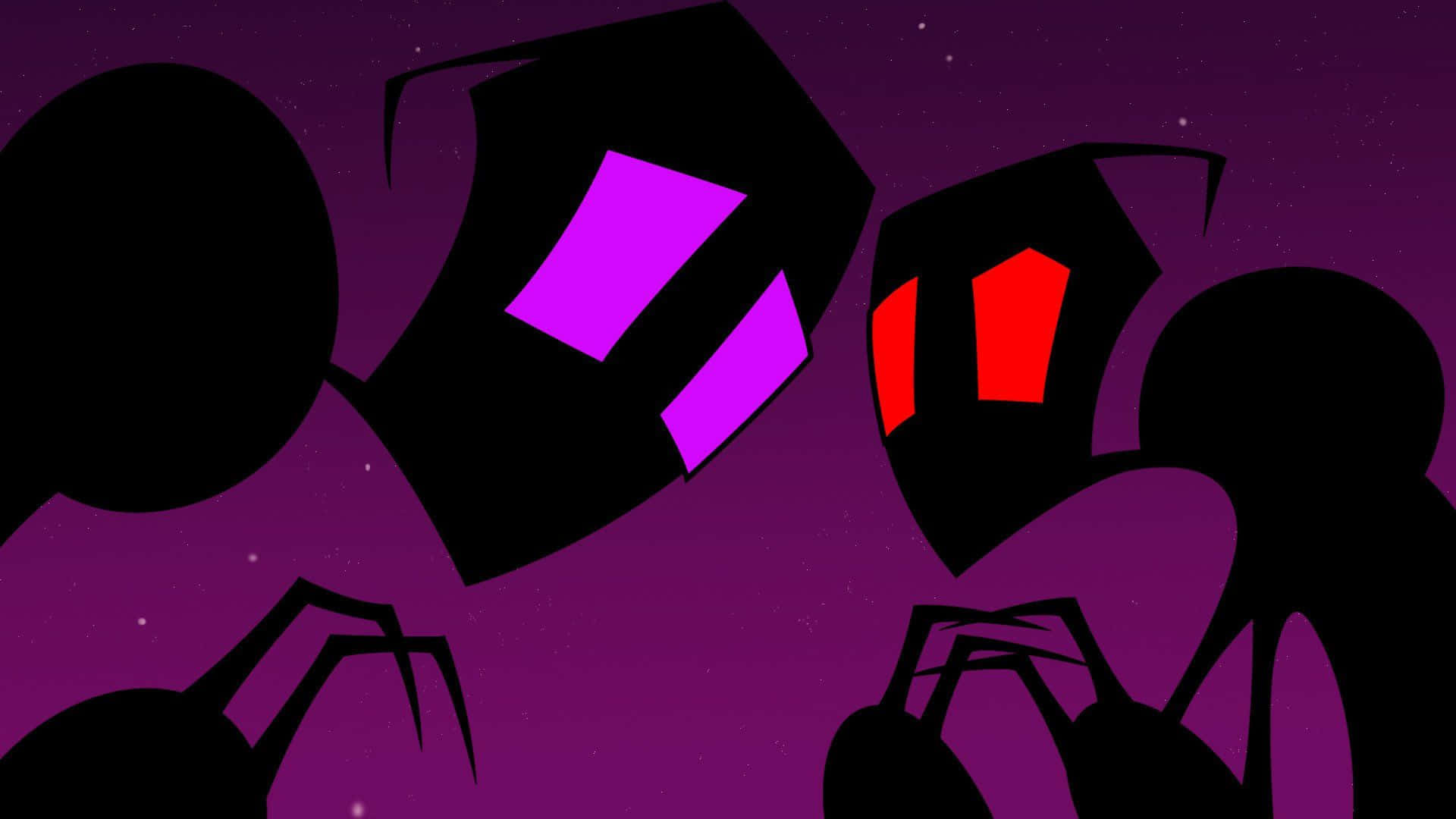 Invader Zim 桌布 壁紙 — 兩個風格化的黑色昆蟲形狀人物，帶有發光的紫色和紅色眼睛，在繁星點點的紫色夜空下相對而立。