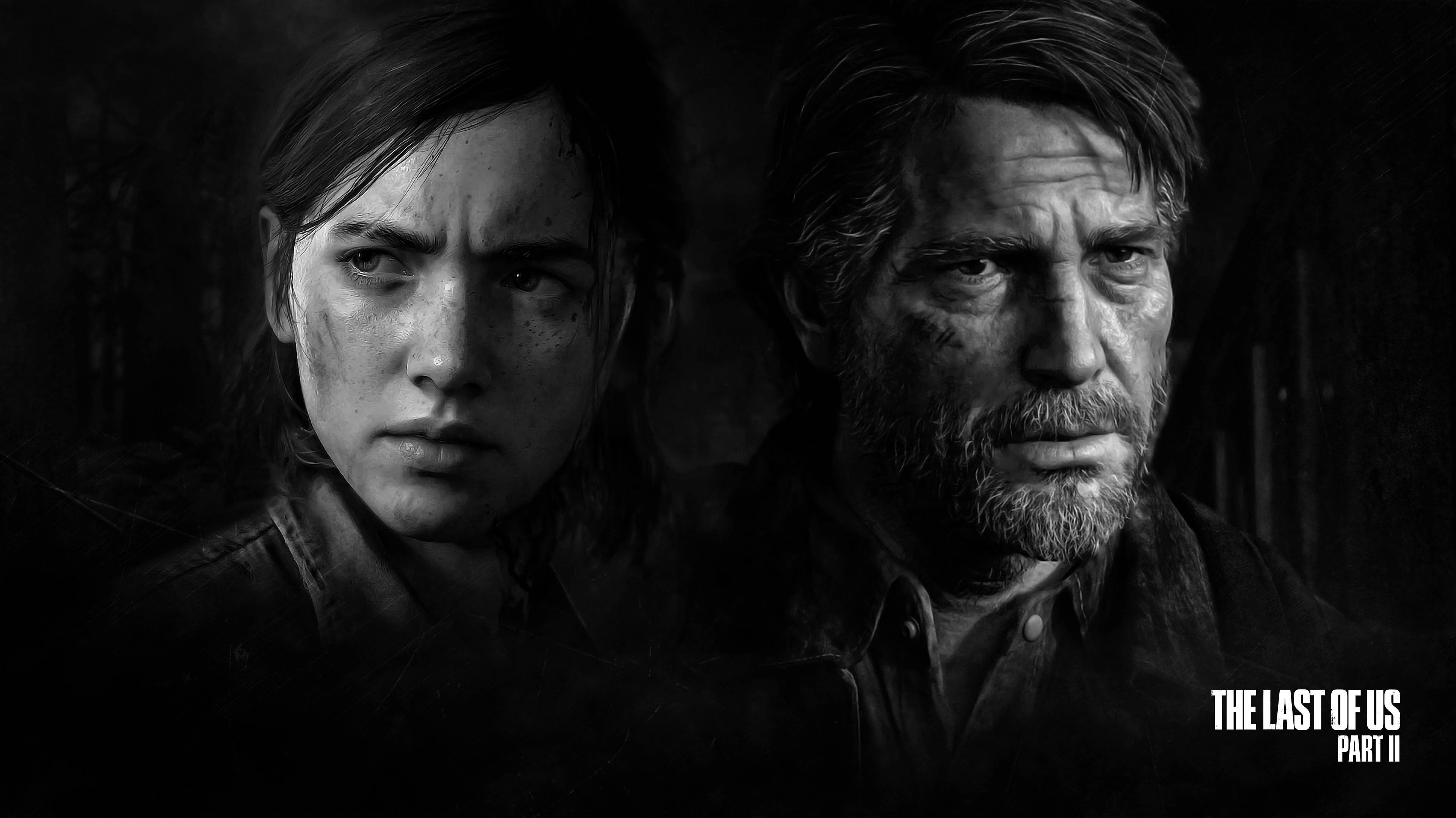 US 桌布 壁紙 — 兩個飽經風霜的角色在《The Last of Us Part II》的鮮明黑白肖像中凝視著。
