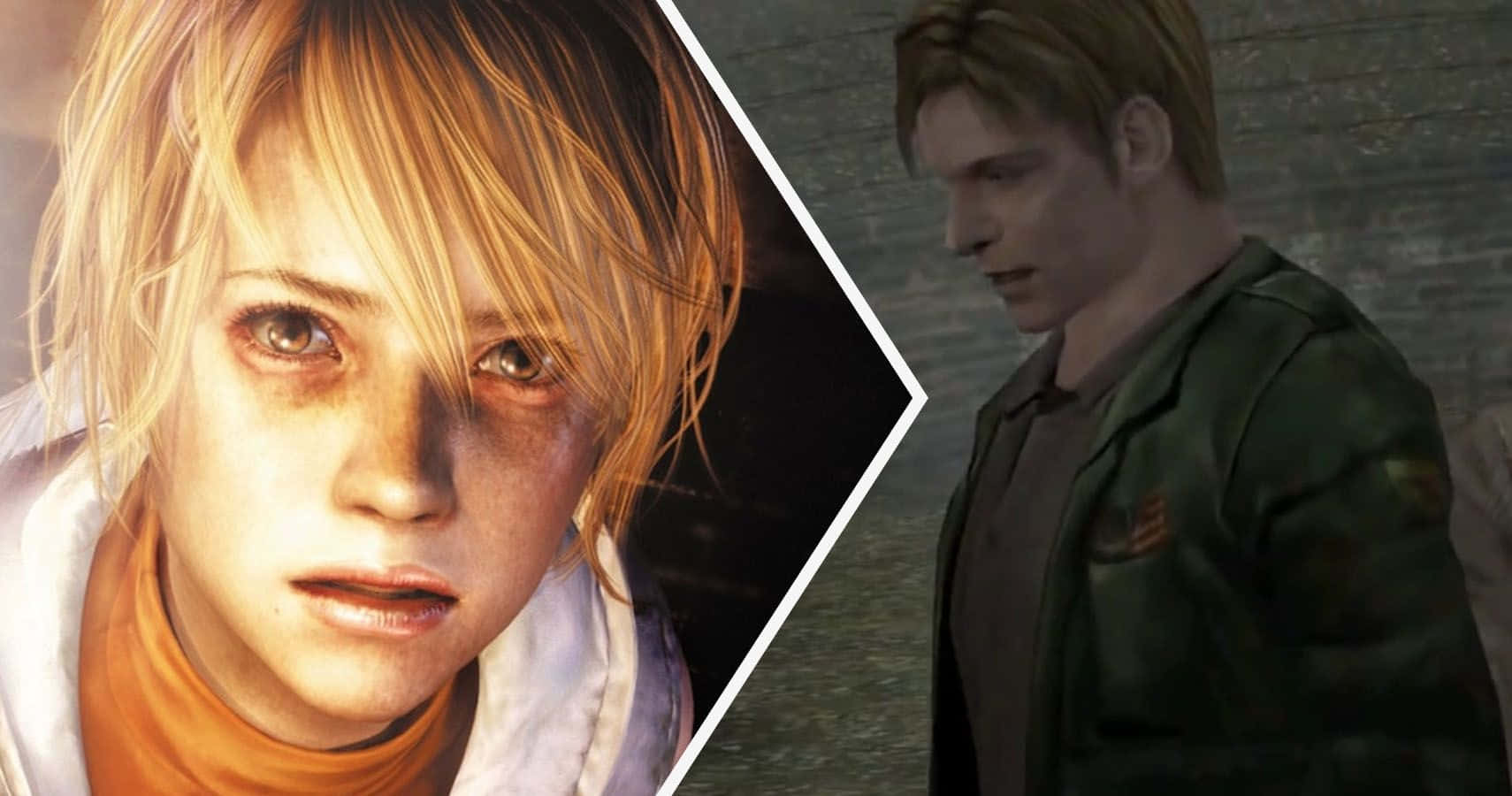 Silent Hill Characters 桌布 壁紙 — 兩個髒兮兮、表情強烈的受困電子遊戲角色的分屏特寫。