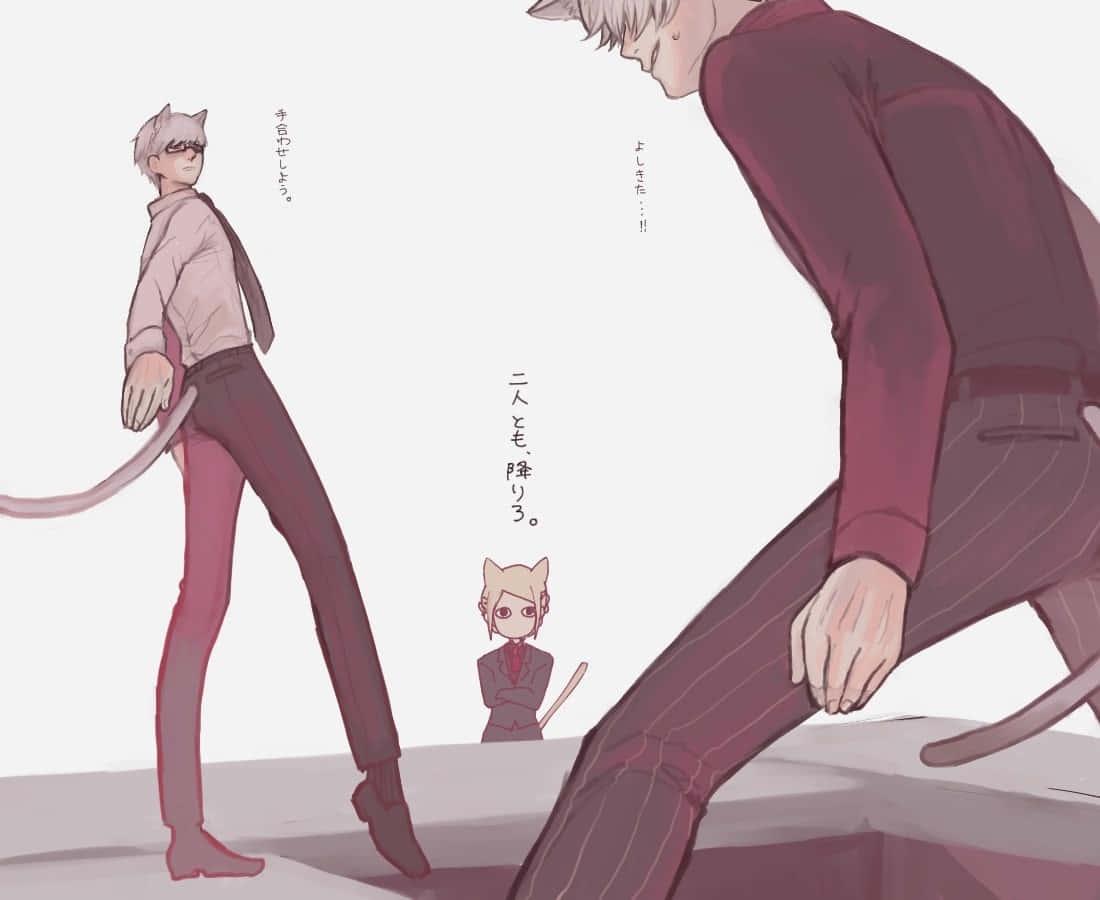 Akira Mado 桌布 壁紙 — 兩個高大的貓耳男人穿著栗色西裝，站在一個拿著球棒的小貓耳男孩上方，背景是純色。