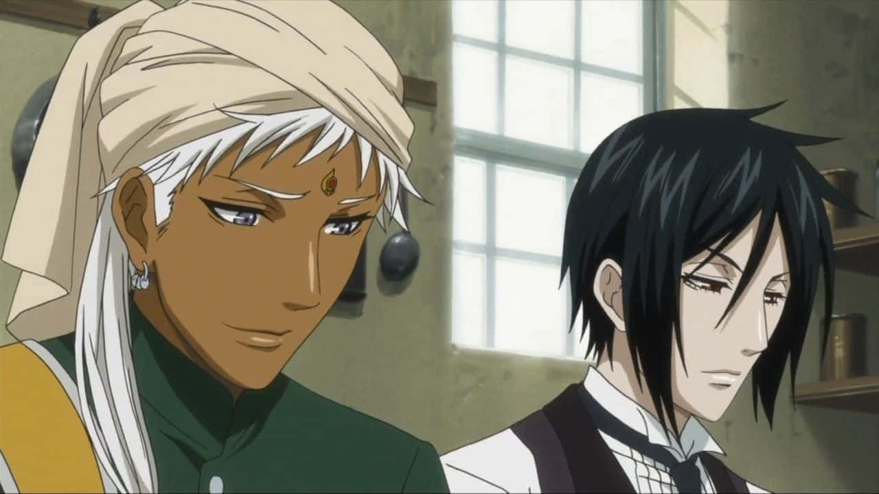 Black Butler Agni 桌布 壁紙 — 兩個髮色和服裝形成對比的動漫角色，站在一個陽光充足的房間裡，身後有一扇窗戶。
