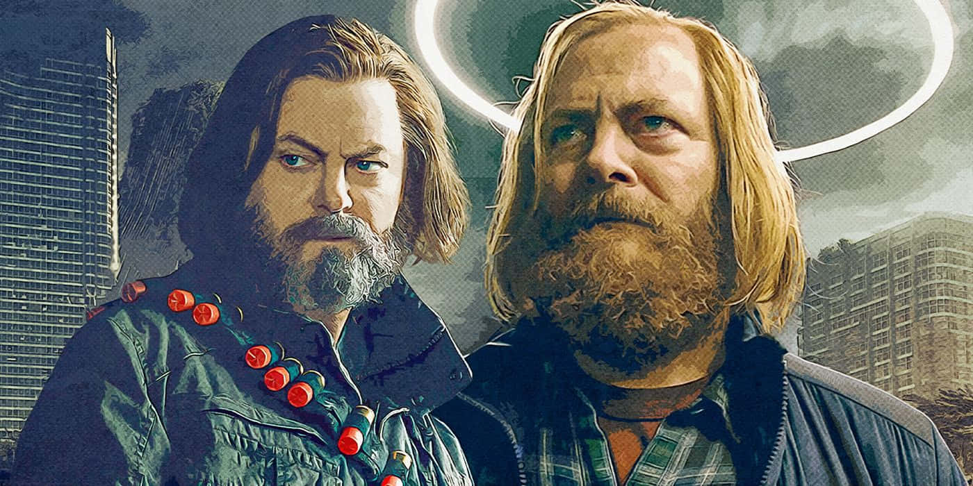 nick offerman 桌布 壁紙 — 兩個鬍鬚男表情強烈，站在發光光環下的城市景觀前，風格為粗糙的數位藝術。
