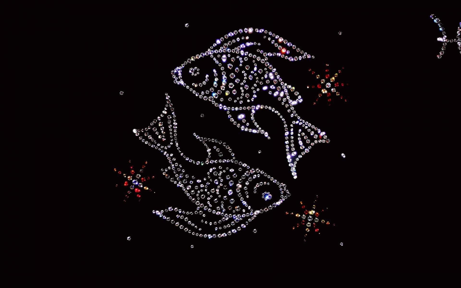 雙魚座 桌布 壁紙 — 兩個魚星座在深黑色夜空中閃爍著閃亮的水晶，夜空點綴著色彩繽紛的星爆。