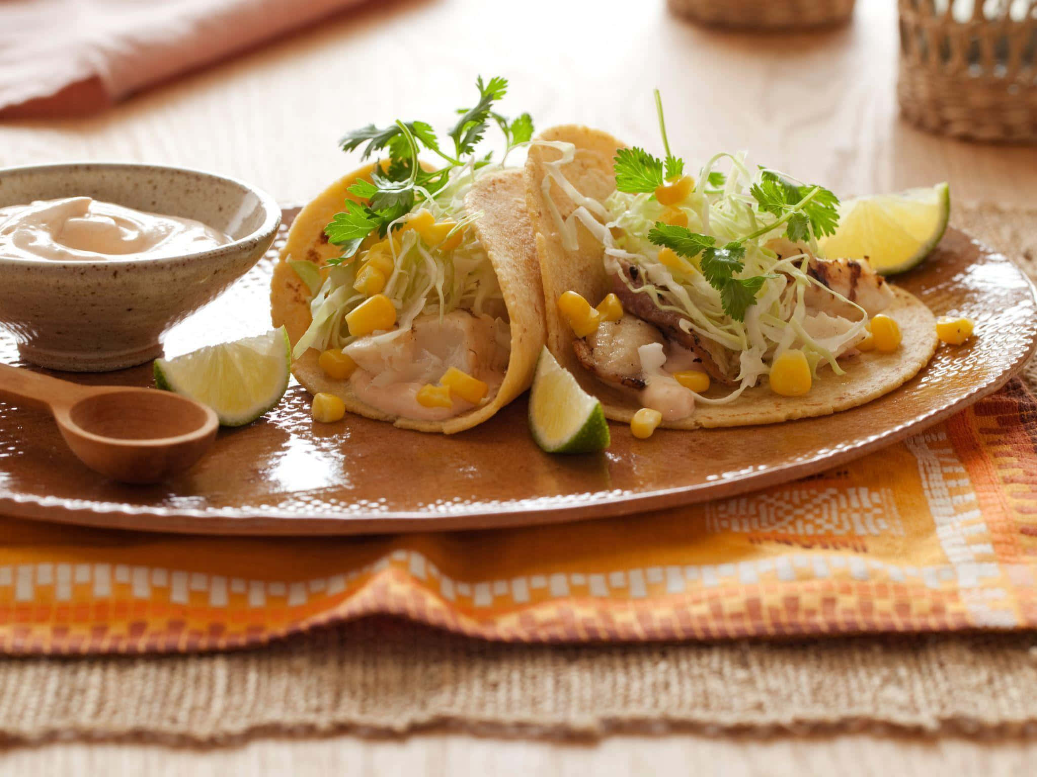 Taco 桌布 壁紙 — 兩個魚肉玉米餅，飾以玉米、椰菜和芫荽，放在質樸的盤子上，配以青檸角和醬汁。