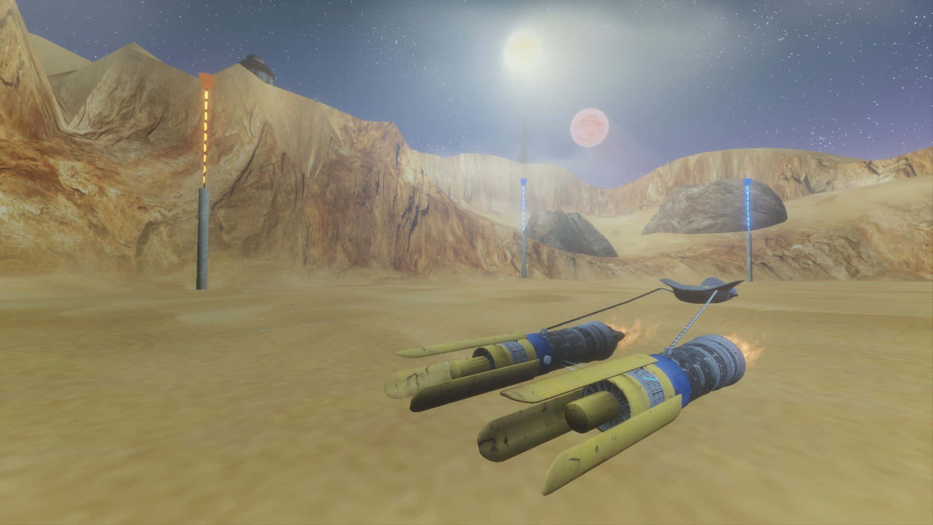 Podracing 桌布 壁紙 — 兩個黃色和藍色的火箭艙在星空下盤旋在沙漠峽谷上空，伴隨著發光的月亮和粉紅色的行星。