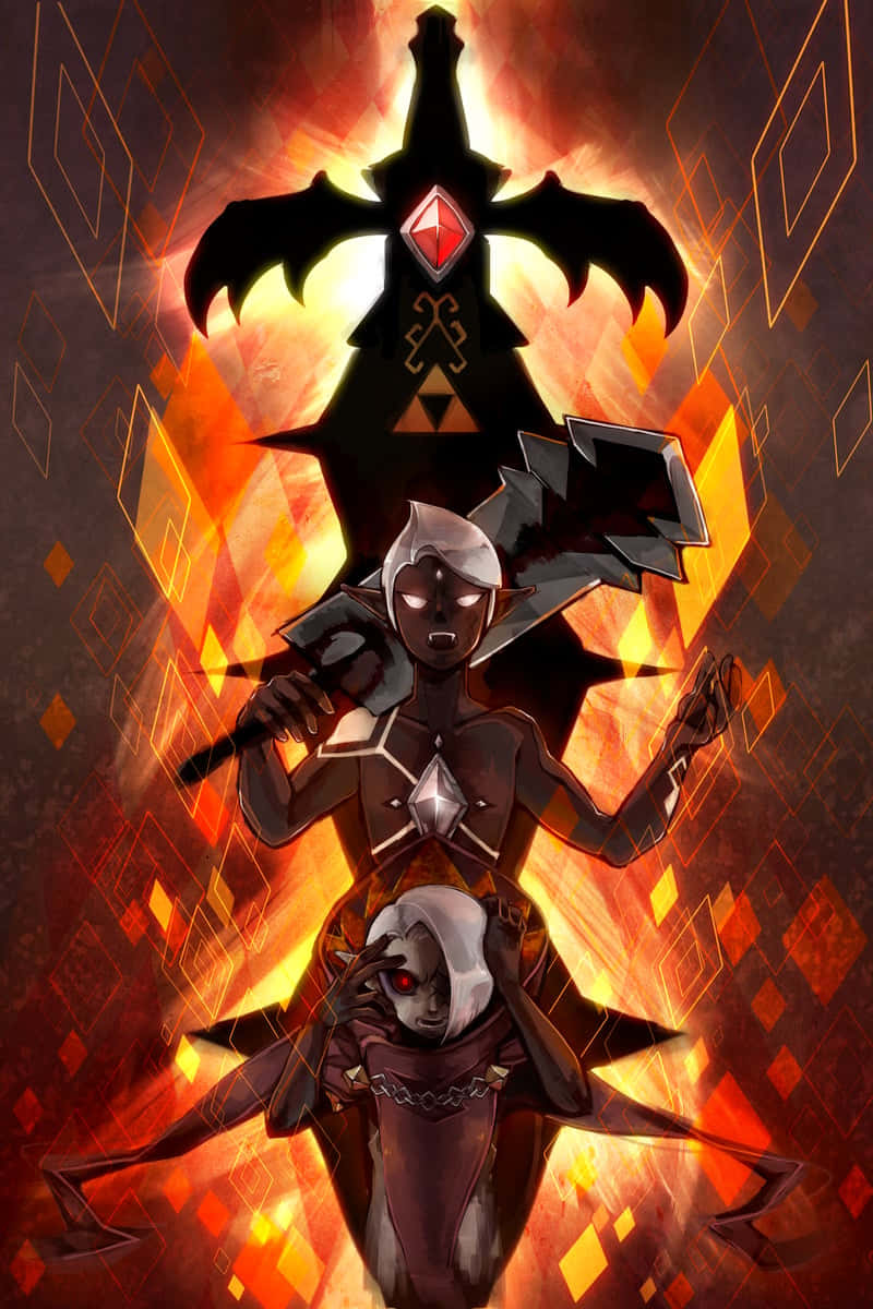 The Legend Of Zelda Ghirahim 桌布 壁紙 — 兩個黑暗奇幻人物，眼睛發光，站在一個發光的橙色幾何背景前，面對一把火焰劍的剪影。