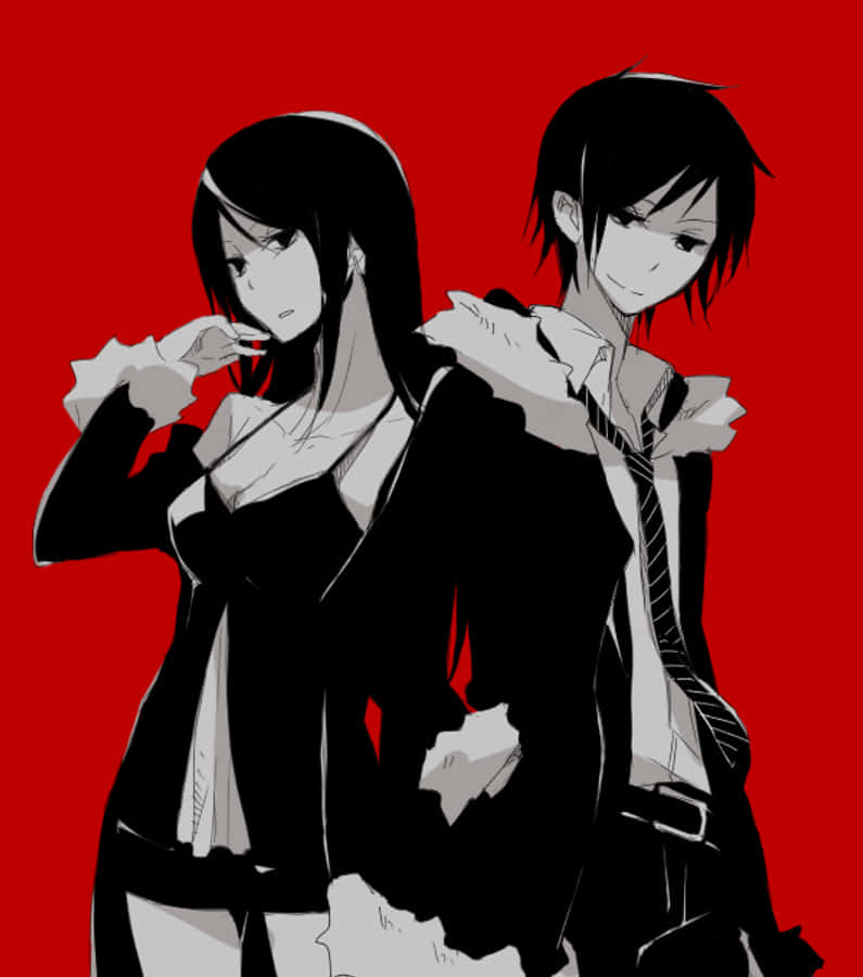 Namie Yagiri 桌布 壁紙 — 兩個黑白動漫角色站在大膽的紅色背景前，衣服破爛，表情嚴肅。