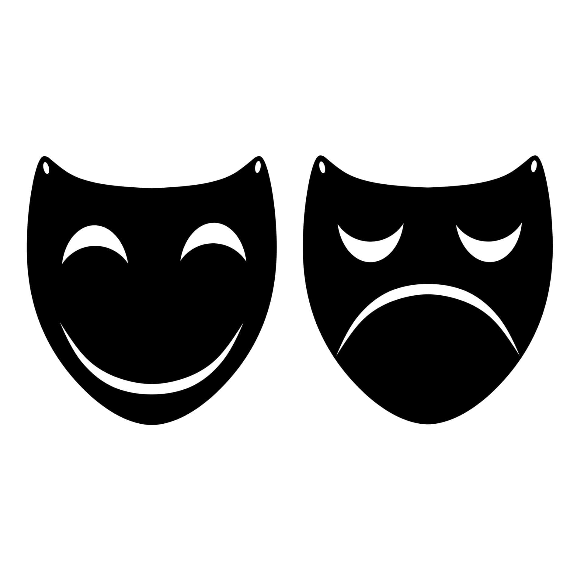 acting 桌布 壁紙 — 兩個黑色戲劇面具，一個微笑一個皺眉，在白色背景上，象徵喜劇與悲劇。