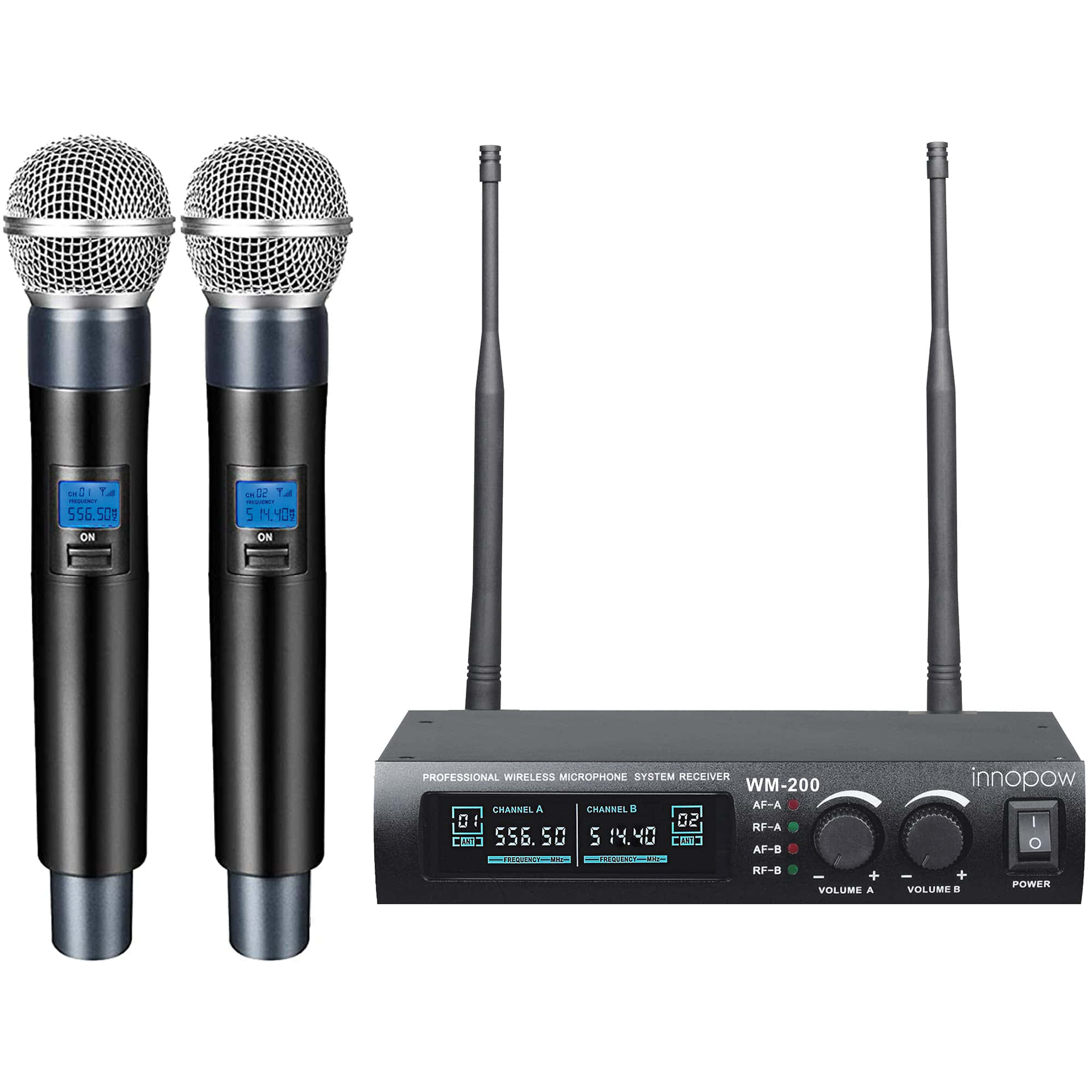 Microphone 桌布 壁紙 — 兩個黑色無線手持麥克風旁邊有一個匹配的接收器單元，帶有雙天線和數字頻率顯示。