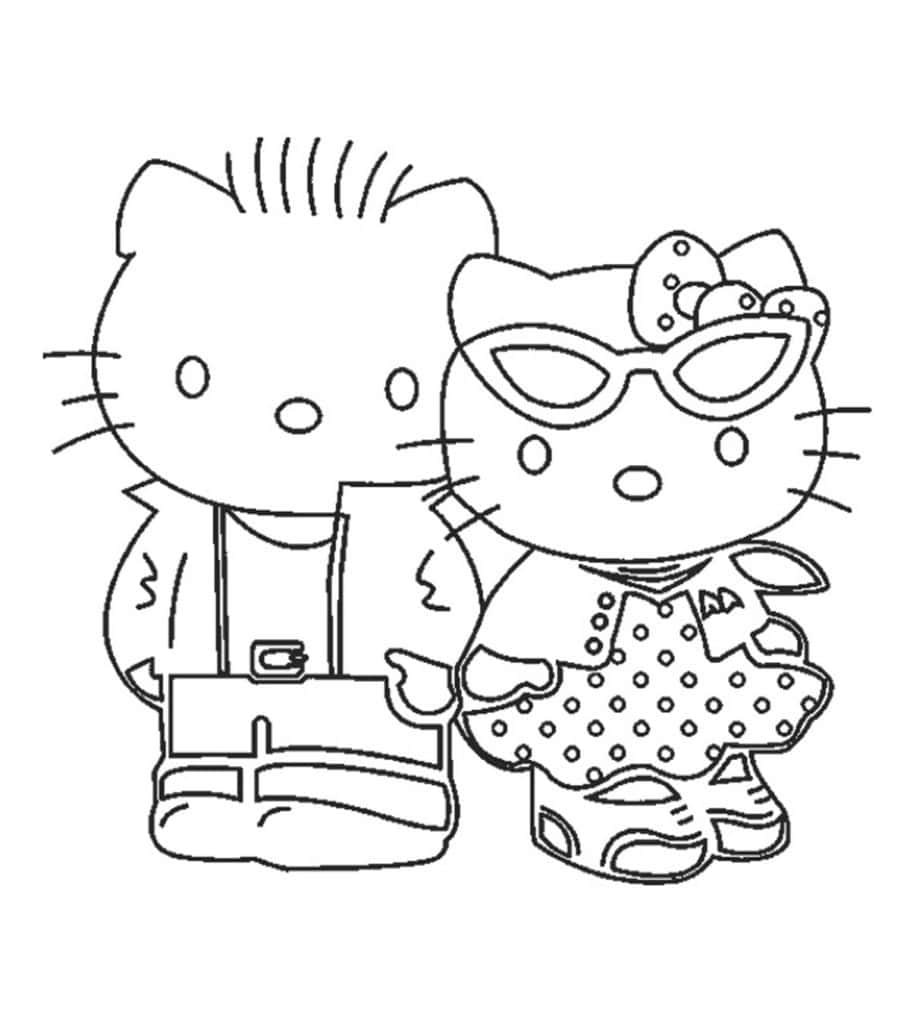 Kawaii Hello Kitty 桌布 壁紙 — 兩個黑色輪廓風格的Hello Kitty角色，一個拿着公事包，另一個戴着太陽眼鏡和穿着波點裙。